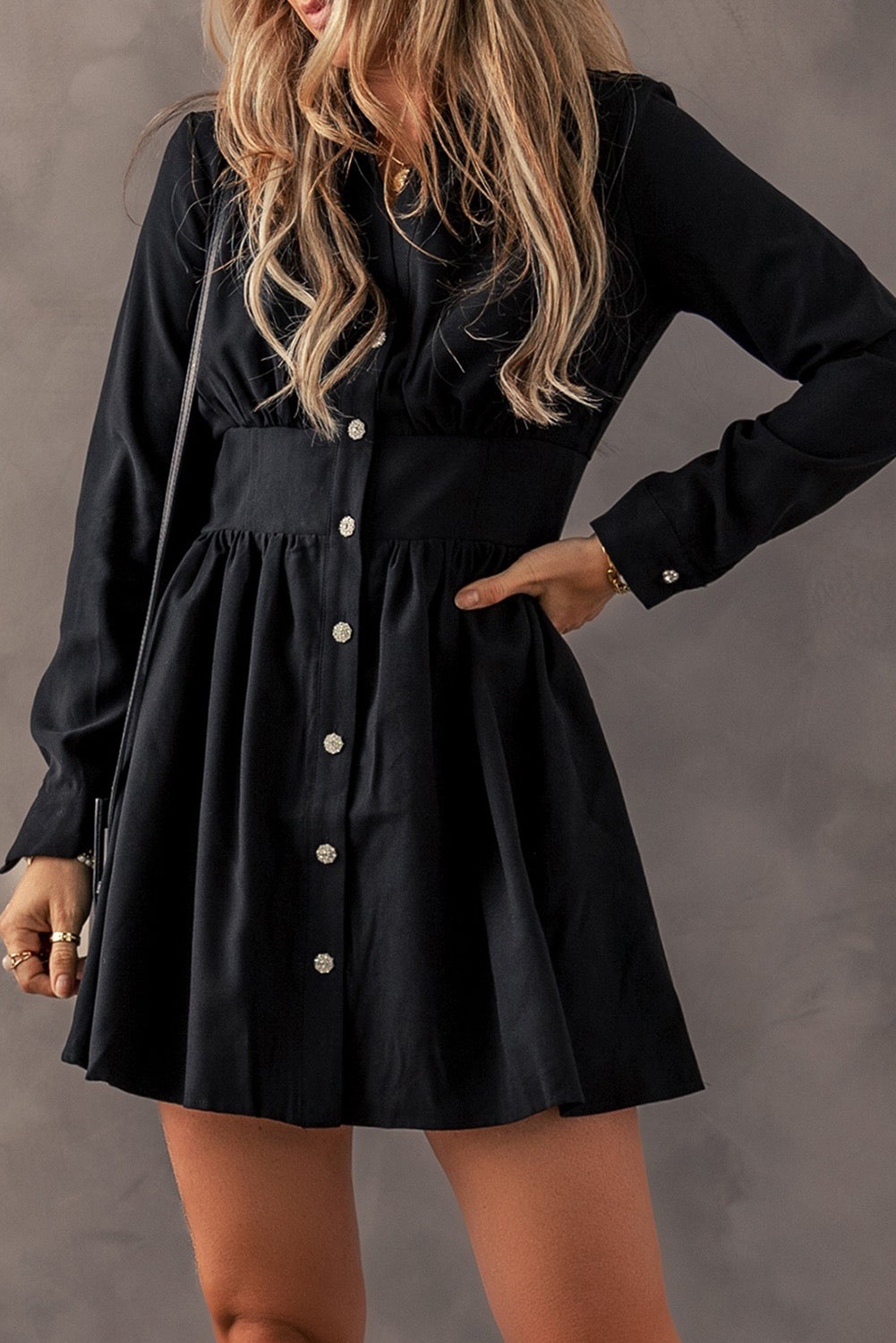 Black Cinched Waist Long Sleeve Shirt Dress