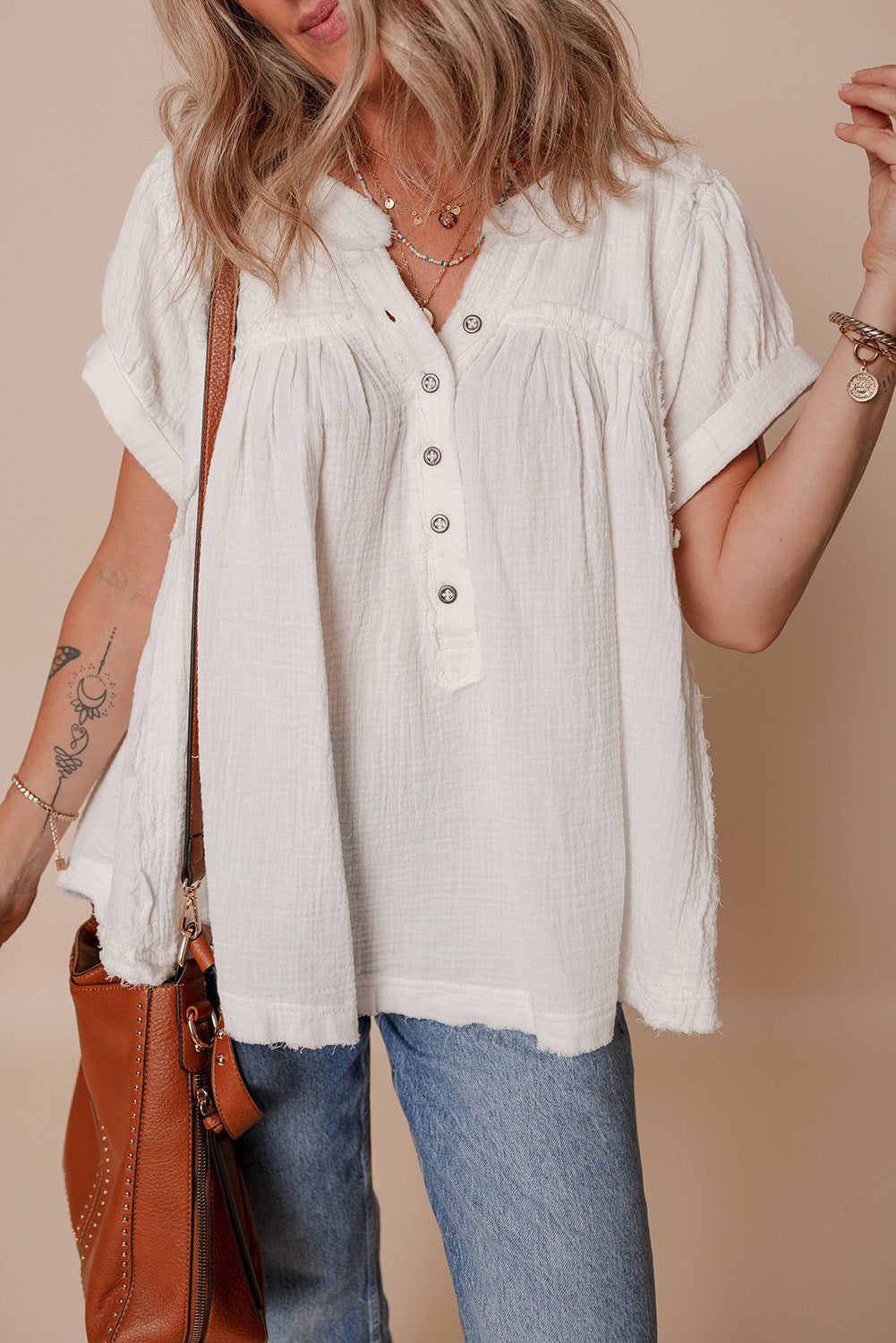 White Textured Short Sleeve Buttons Frayed Blouse, 100% Cotton
