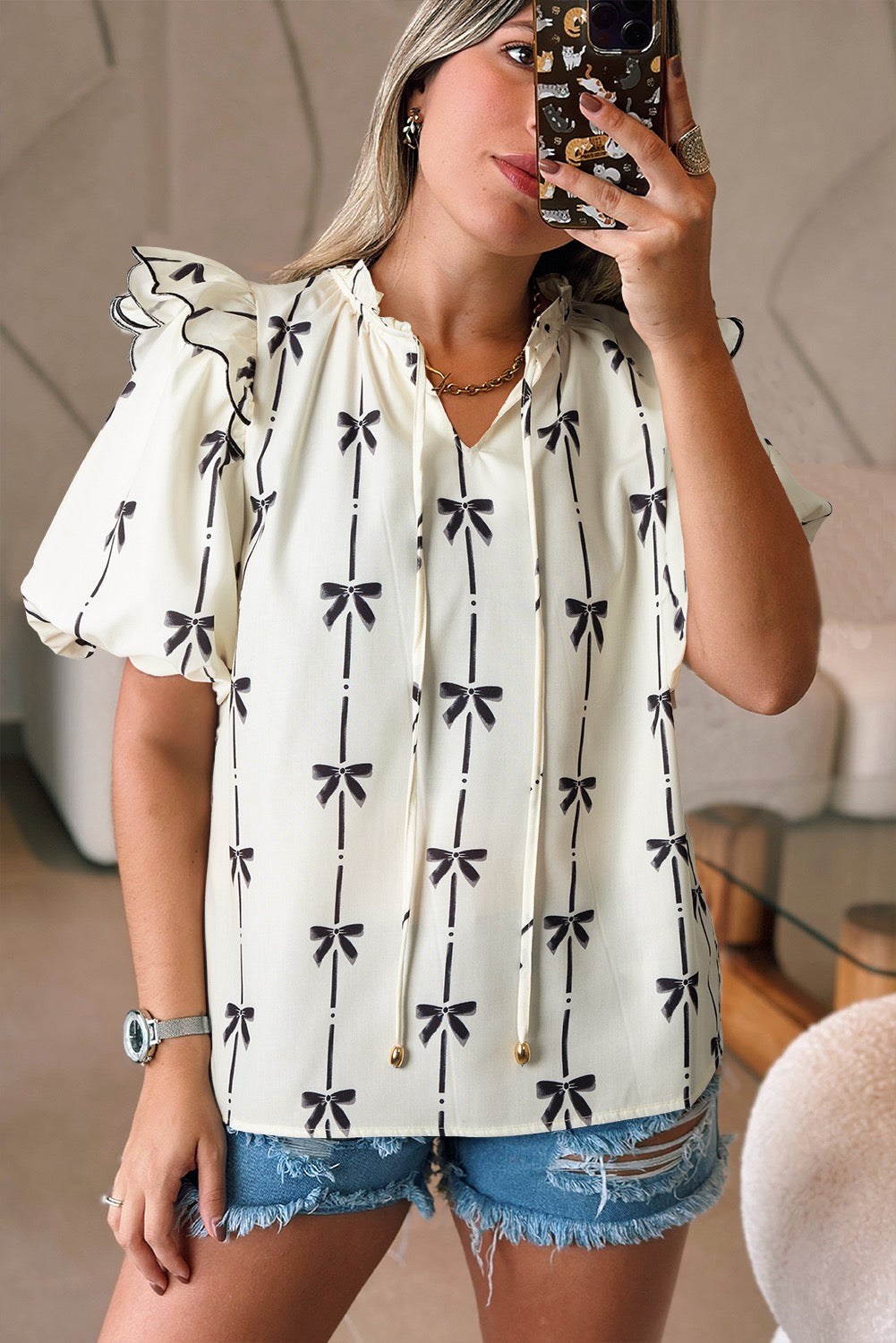 Bubble Sleeve Bow Blouse