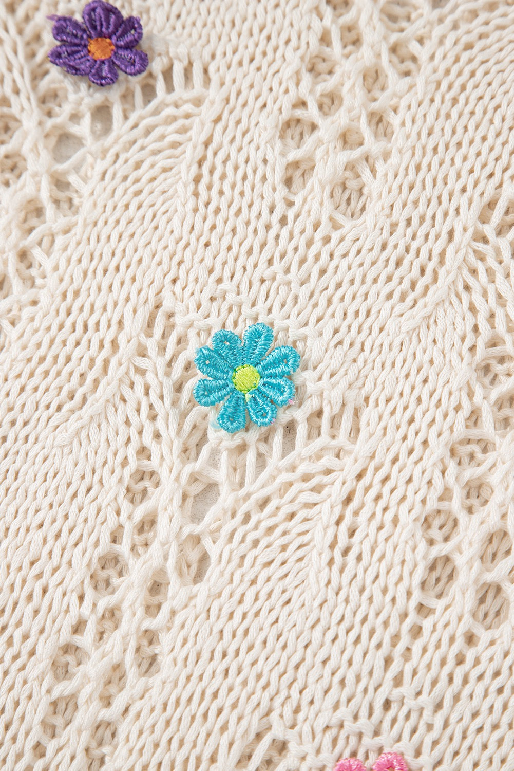 Delicacy Embroidered Flowers Colorblock Edge Hollowed Sweater