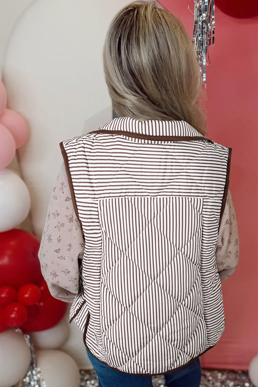 Brown Stripe Snap Button Scalloped Hem Collared Vest