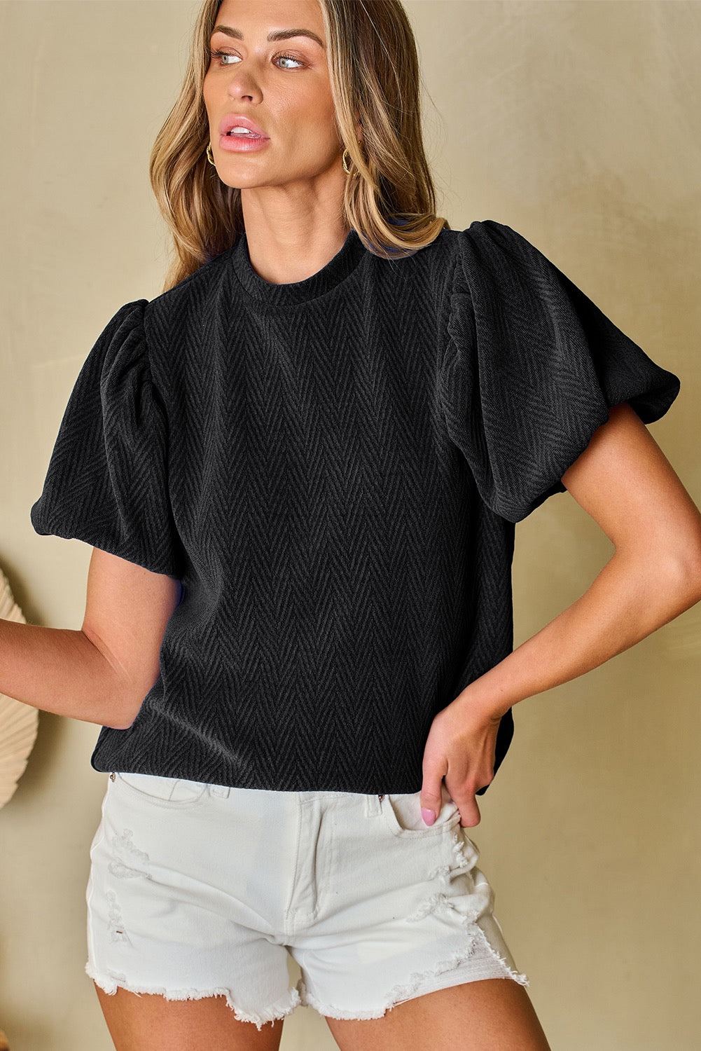 Black Textured Puff Sleeve Blouse