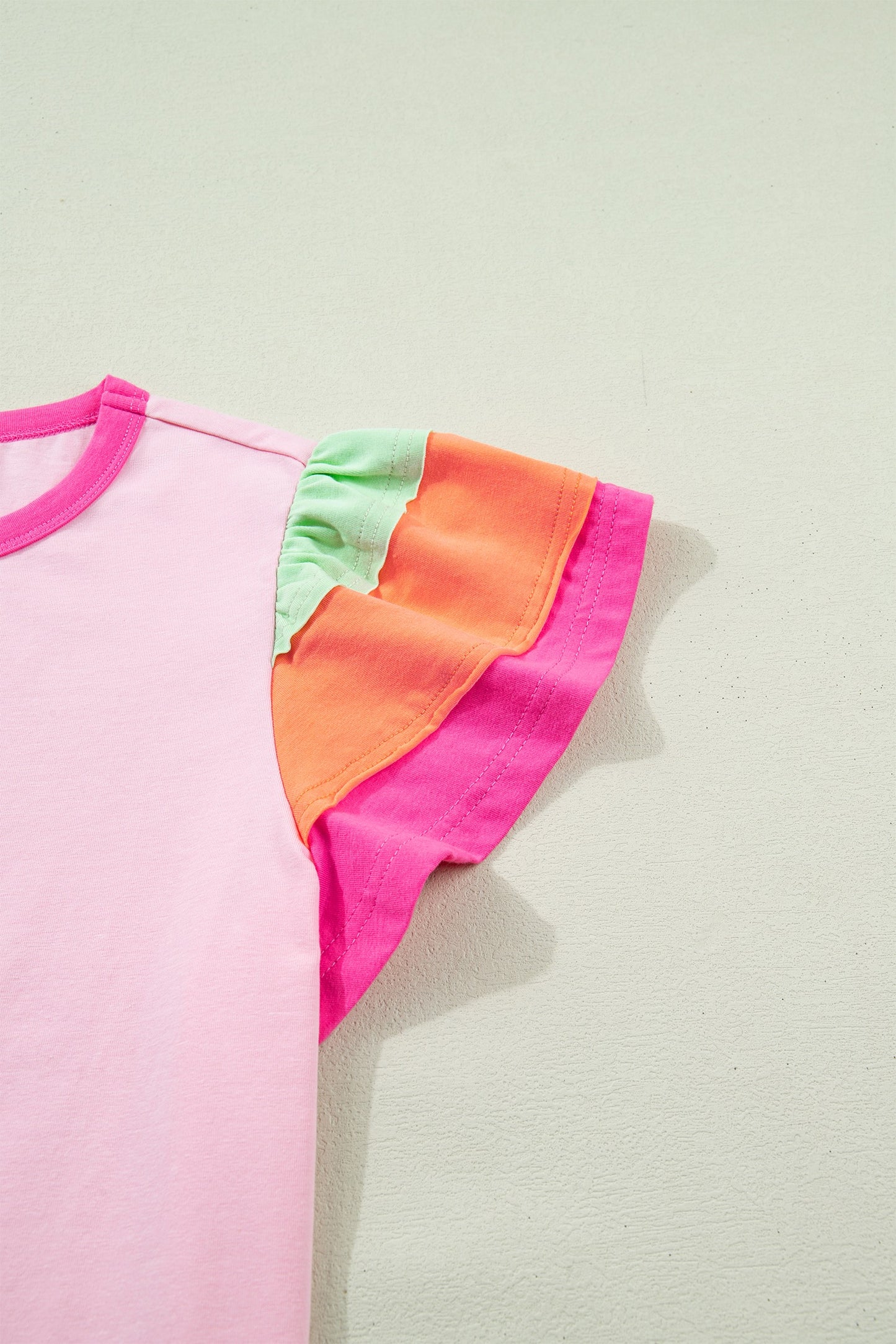 Pink Colorblock Flutter Sleeve Round Neck Tee