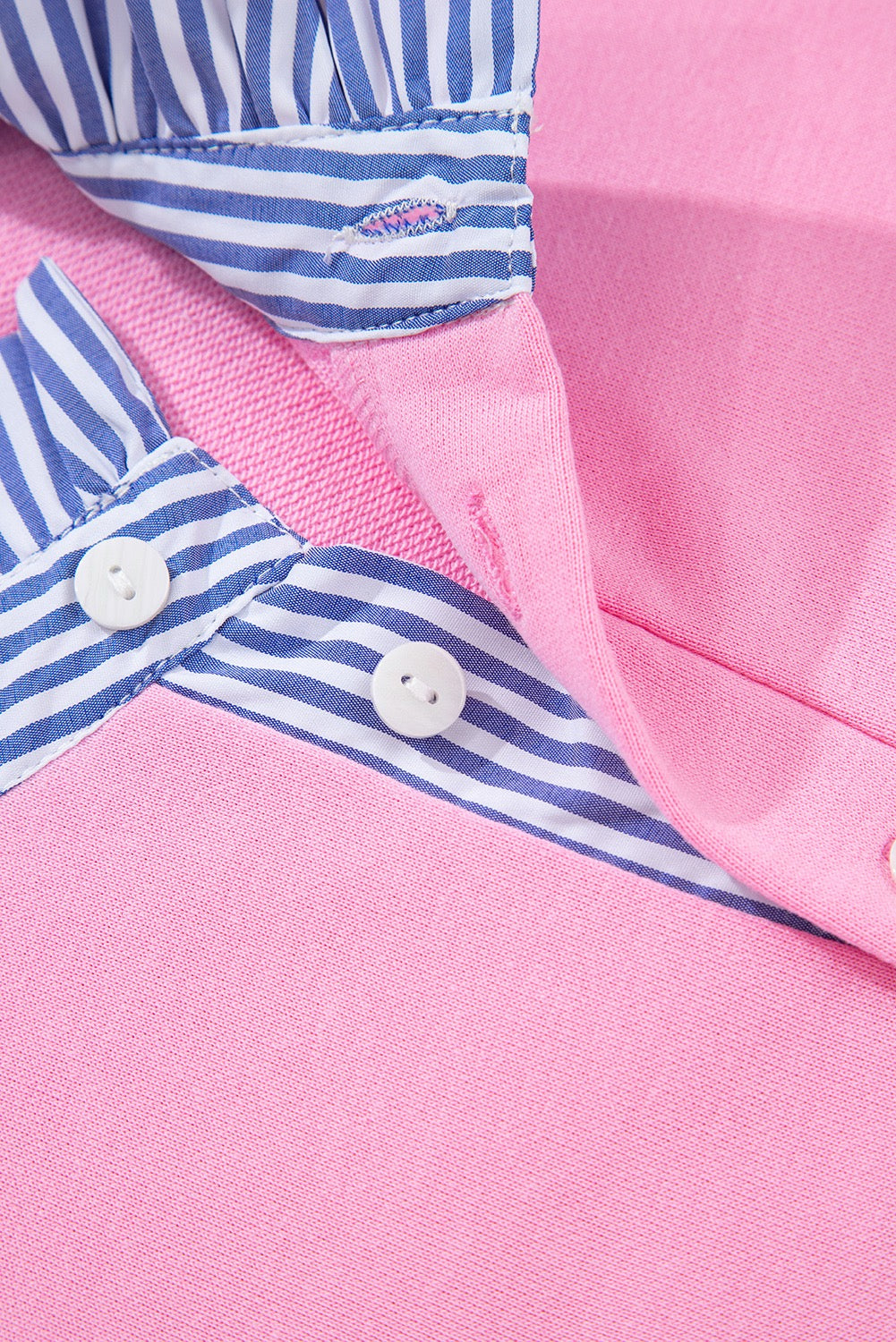 Pink Button Striped Collar Patchwork Puff Sleeve Sweatshirt