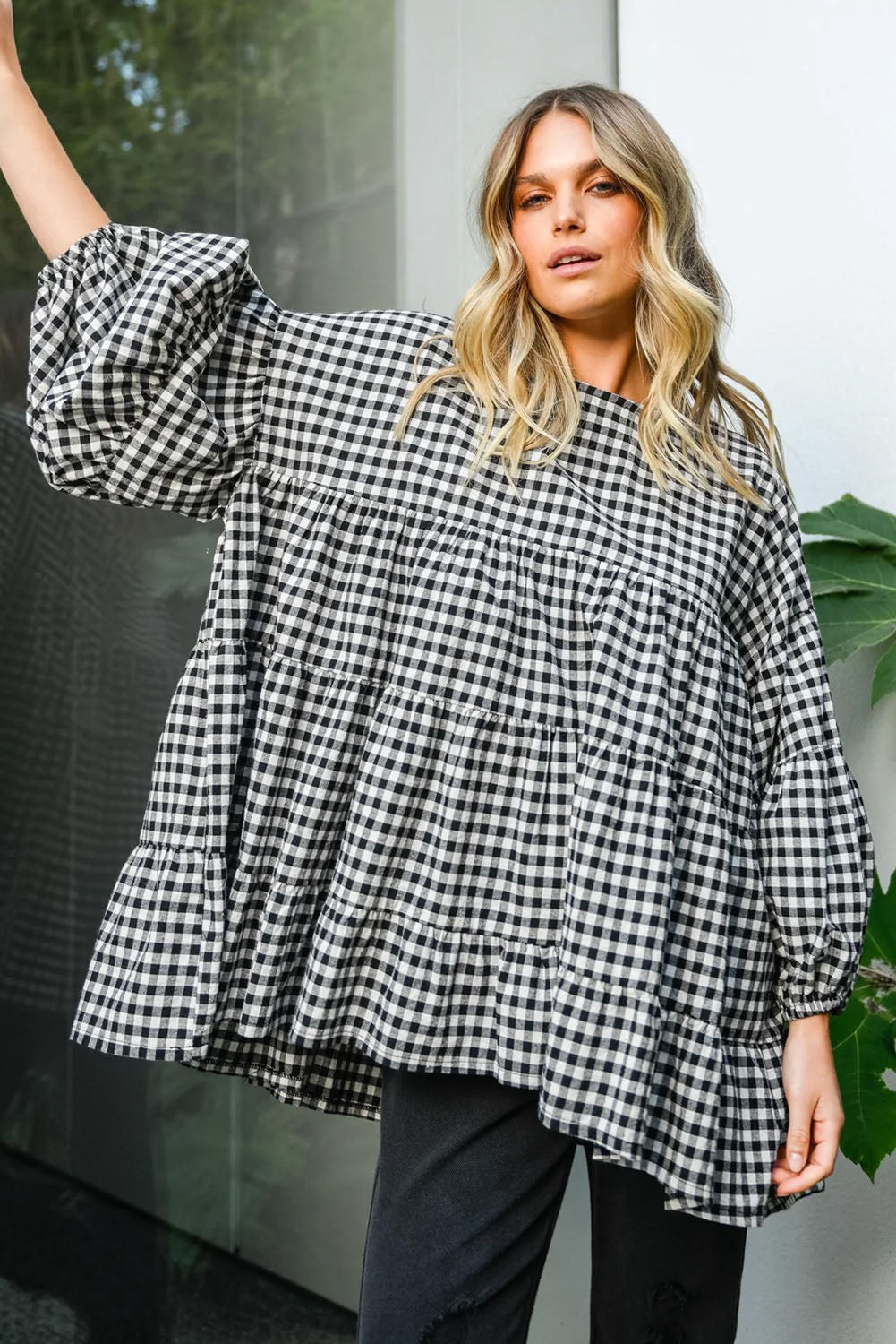 Black Checkered Babydoll Blouse