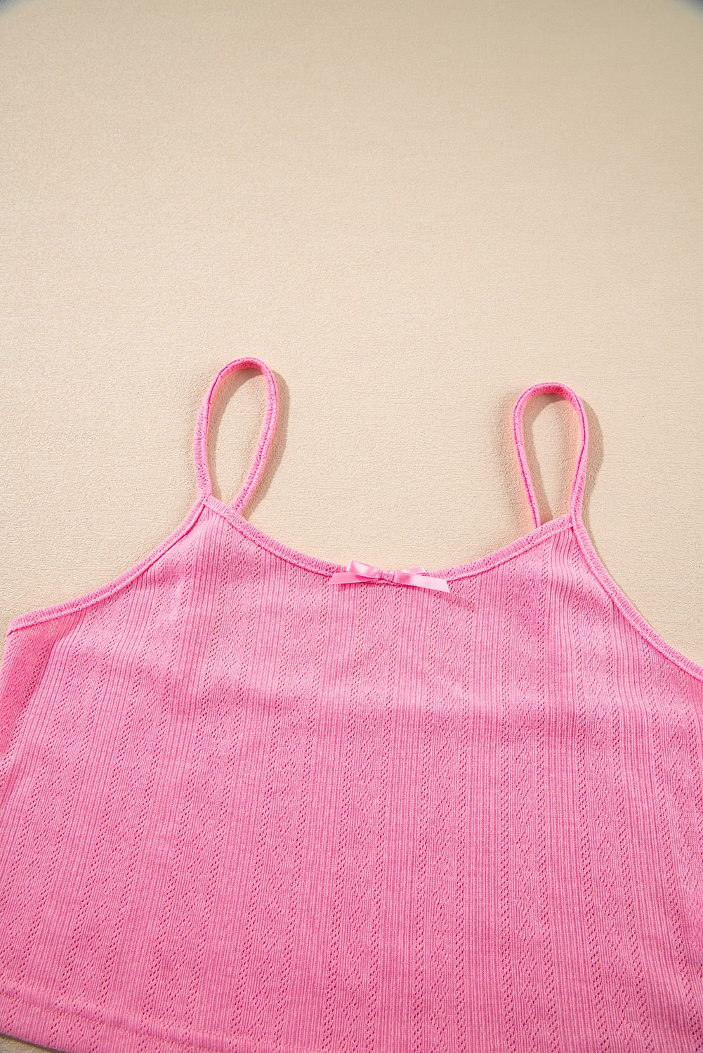 Hot Pink Texture Cropped Cami Shorts and Cardigan 3pcs Lounge Set