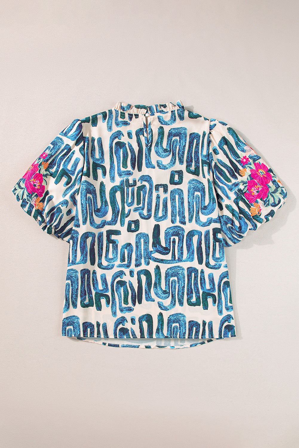 Blue Embroidered Puff Sleeve Top