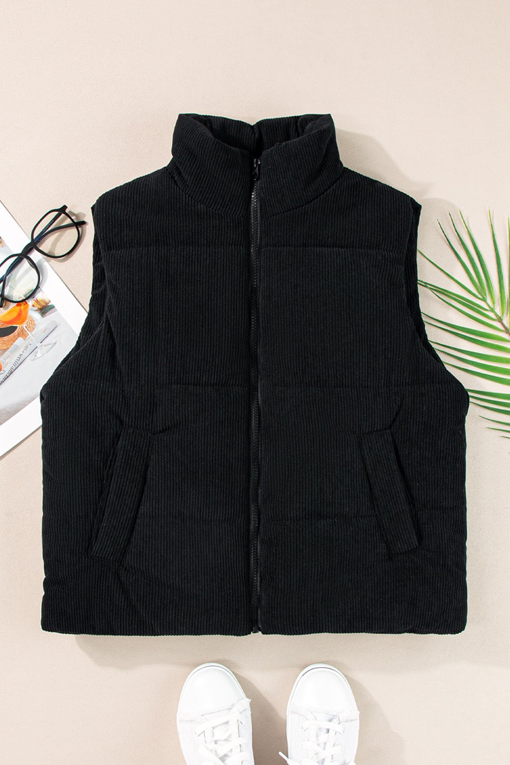 Black Corduroy Zippered Puffer Vest