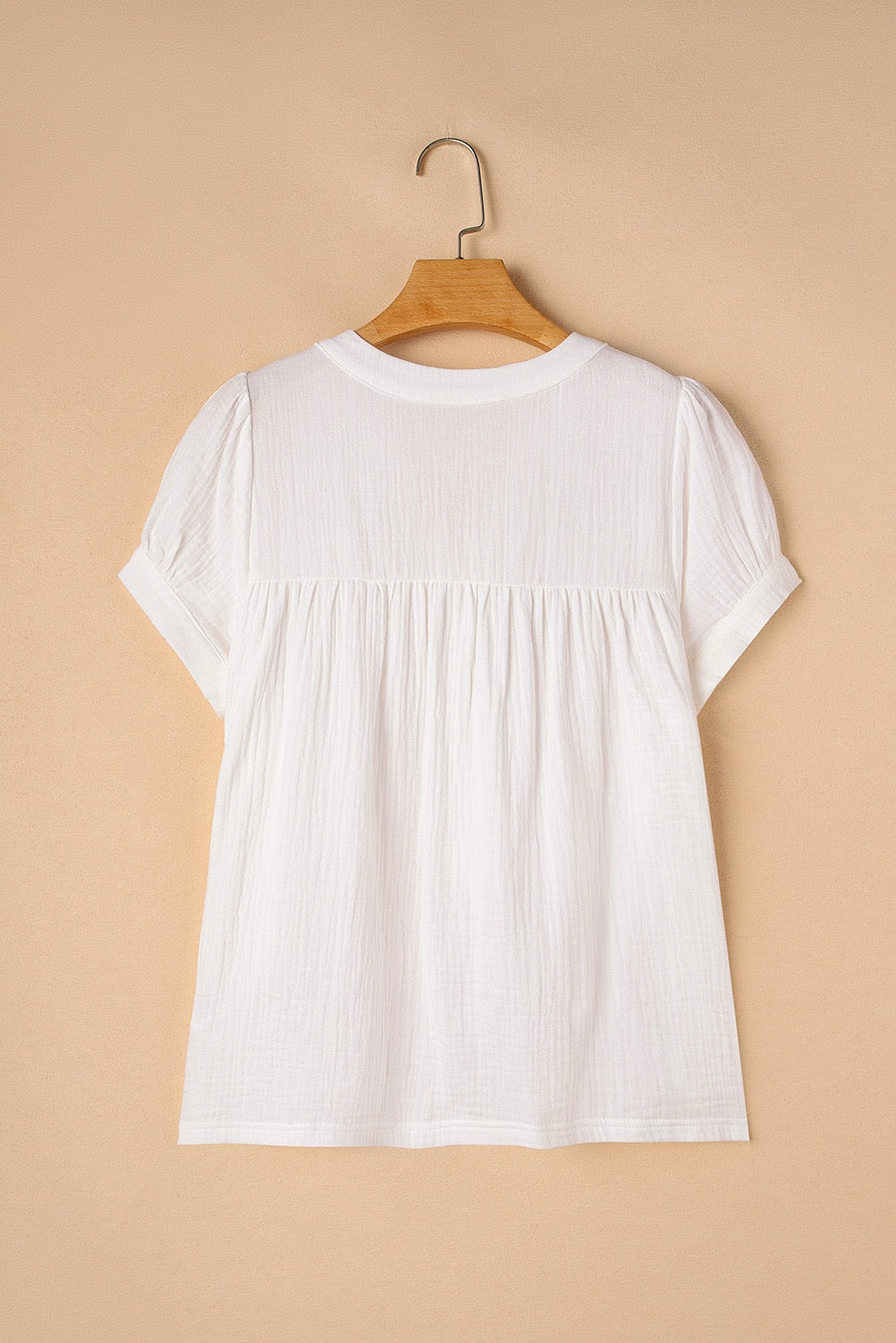 White Textured Short Sleeve Buttons Frayed Blouse, 100% Cotton