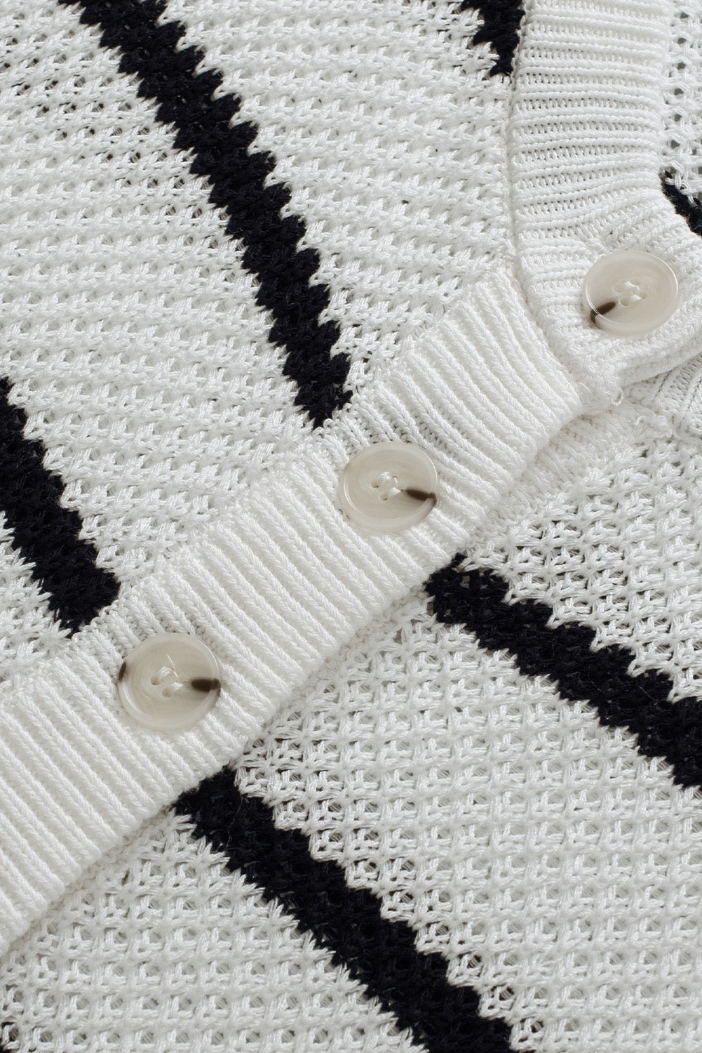 White Stripe Henley Buttoned Placket Drop Shoulder Sweater Knit Tee