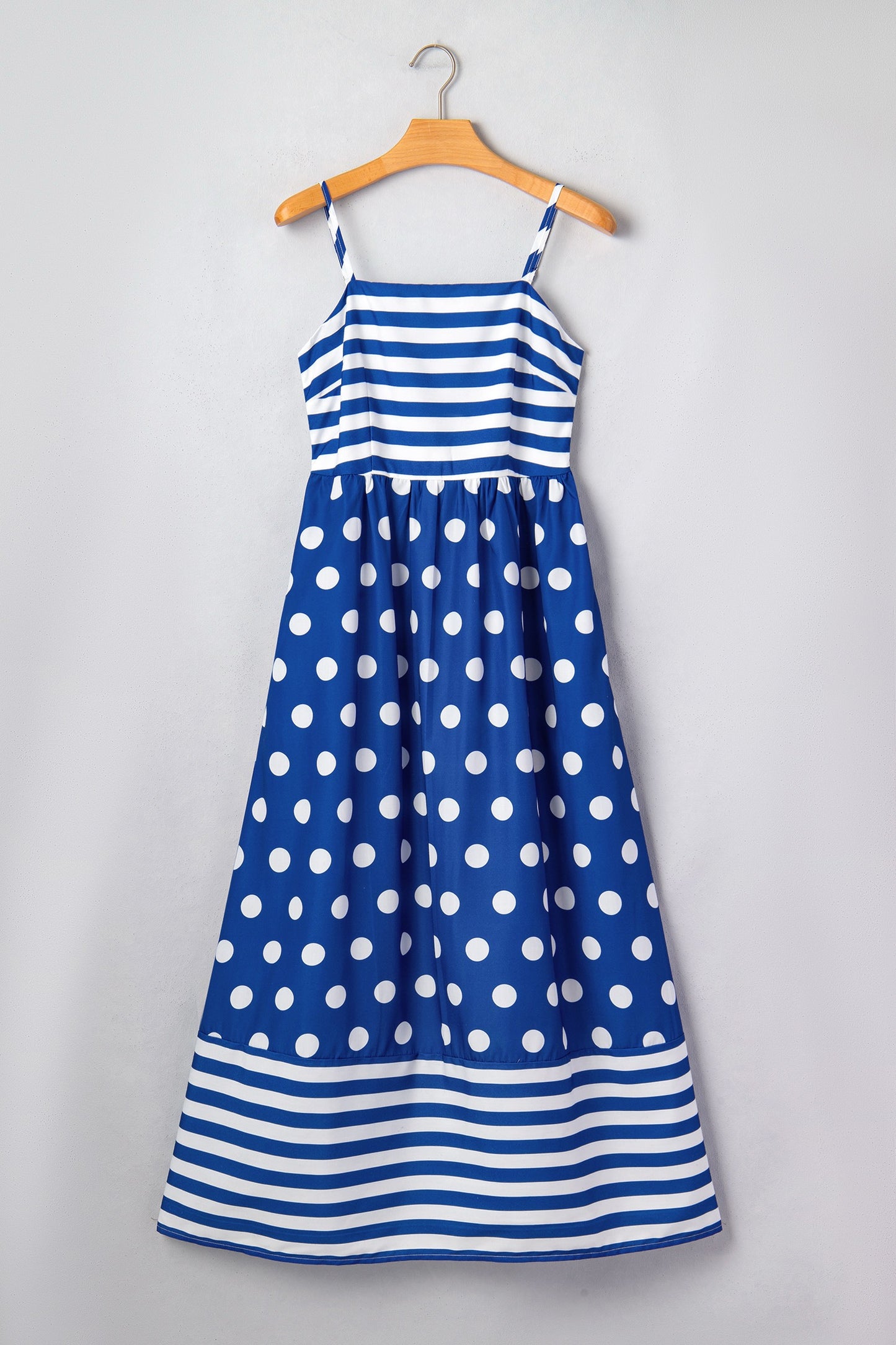 Blue Striped Polka Dot Patchwork High Waist Spaghetti Straps Maxi