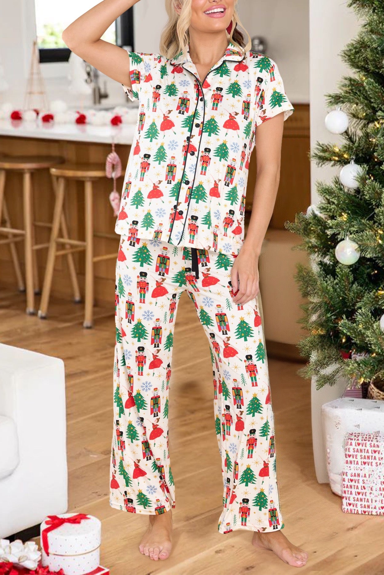 White Christmas Pattern Two Piece Pajama Set