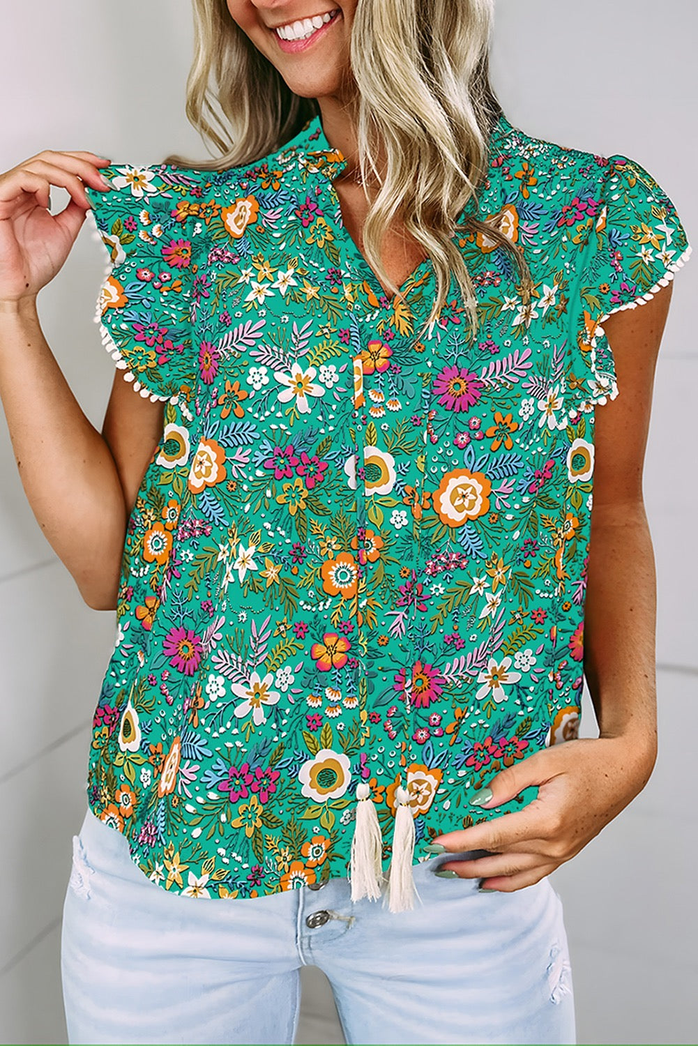Floral Green Lace Trim Blouse
