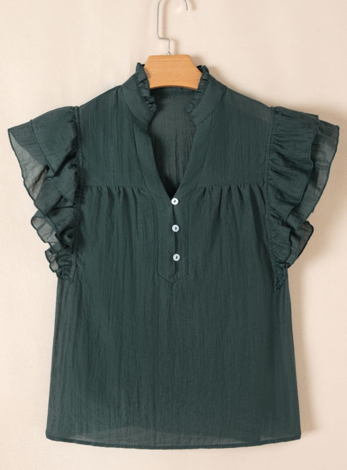 Green V Neck Ruffle Sleeve Blouse