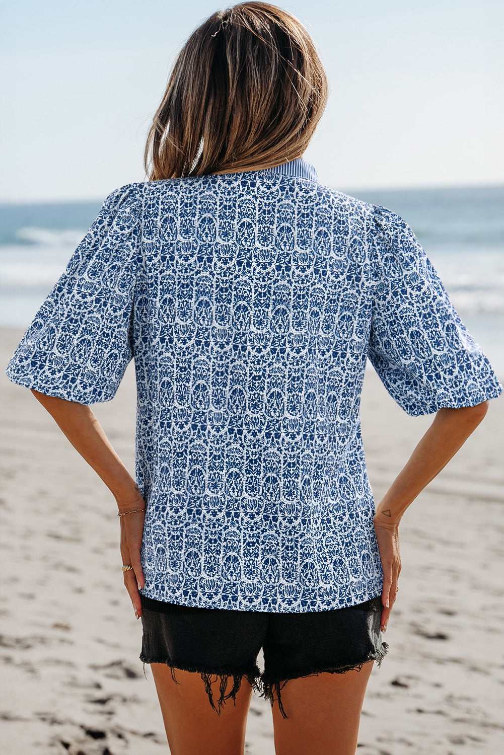 Blue Floral Striped Print Contrast Ric Rac Puff Sleeve Top