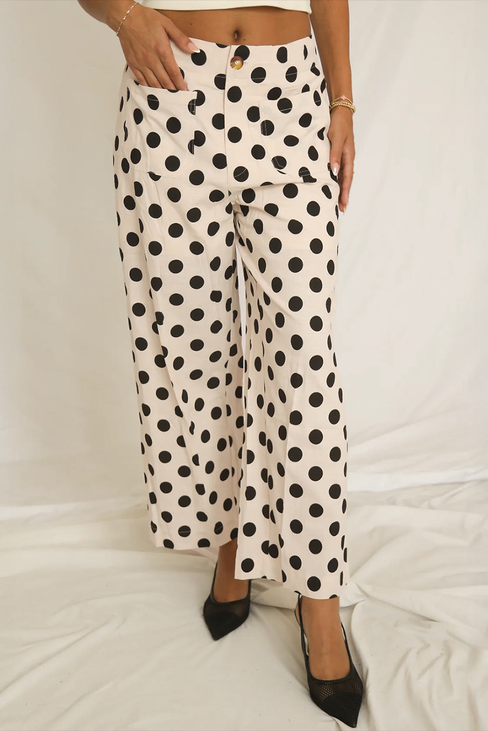 White Polka Dot Print Patched Pocket Loose Fit Pants