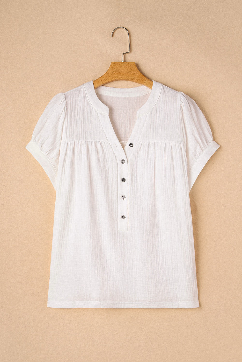 White Textured Short Sleeve Buttons Frayed Blouse, 100% Cotton