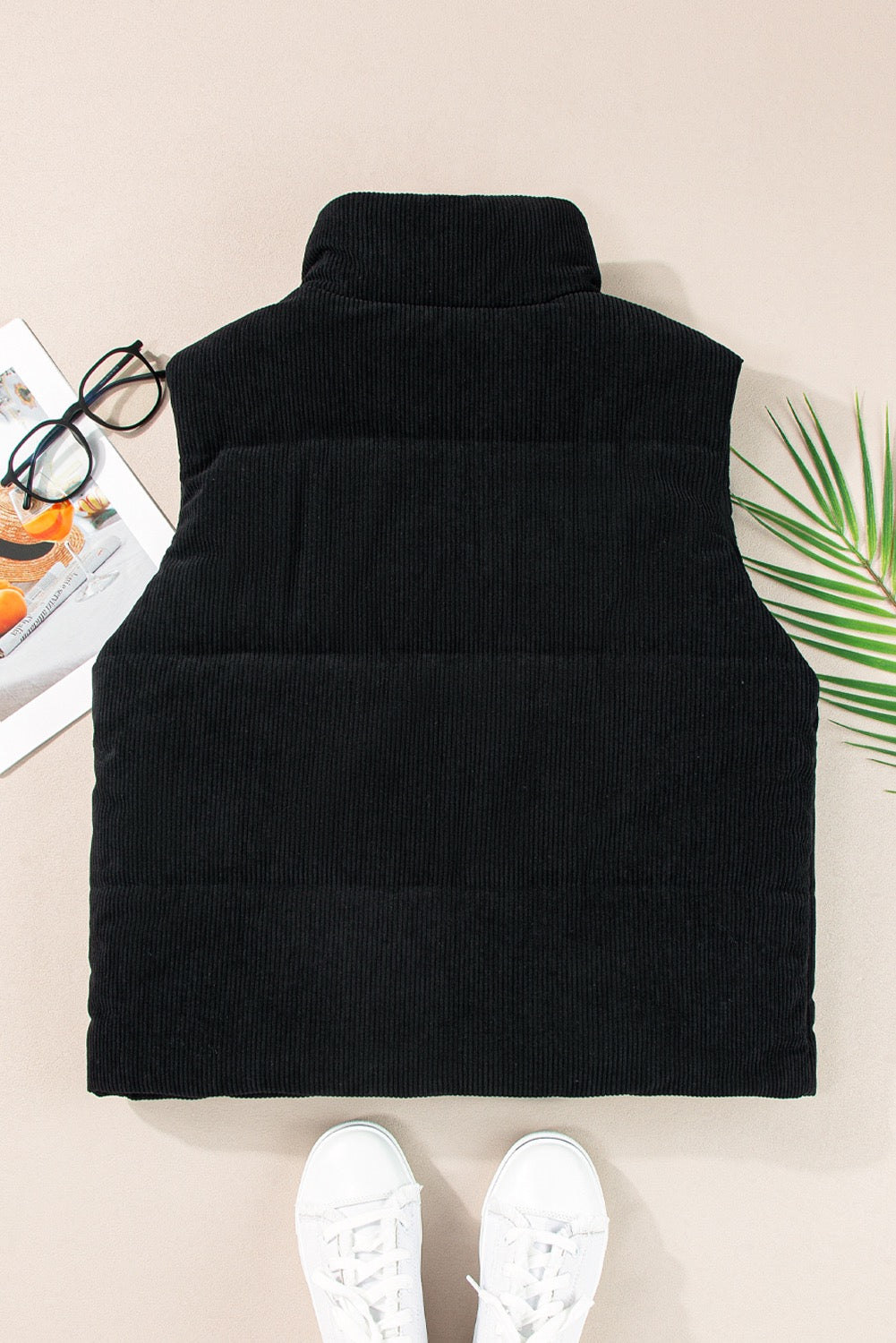 Black Corduroy Zippered Puffer Vest