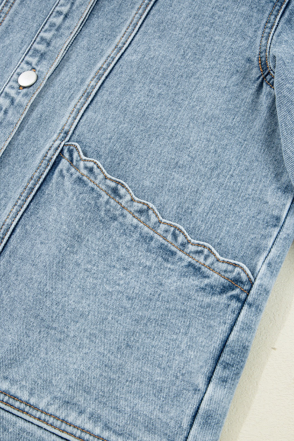 Scallop Trim, Button Up Denim Jacket, Medium Wash
