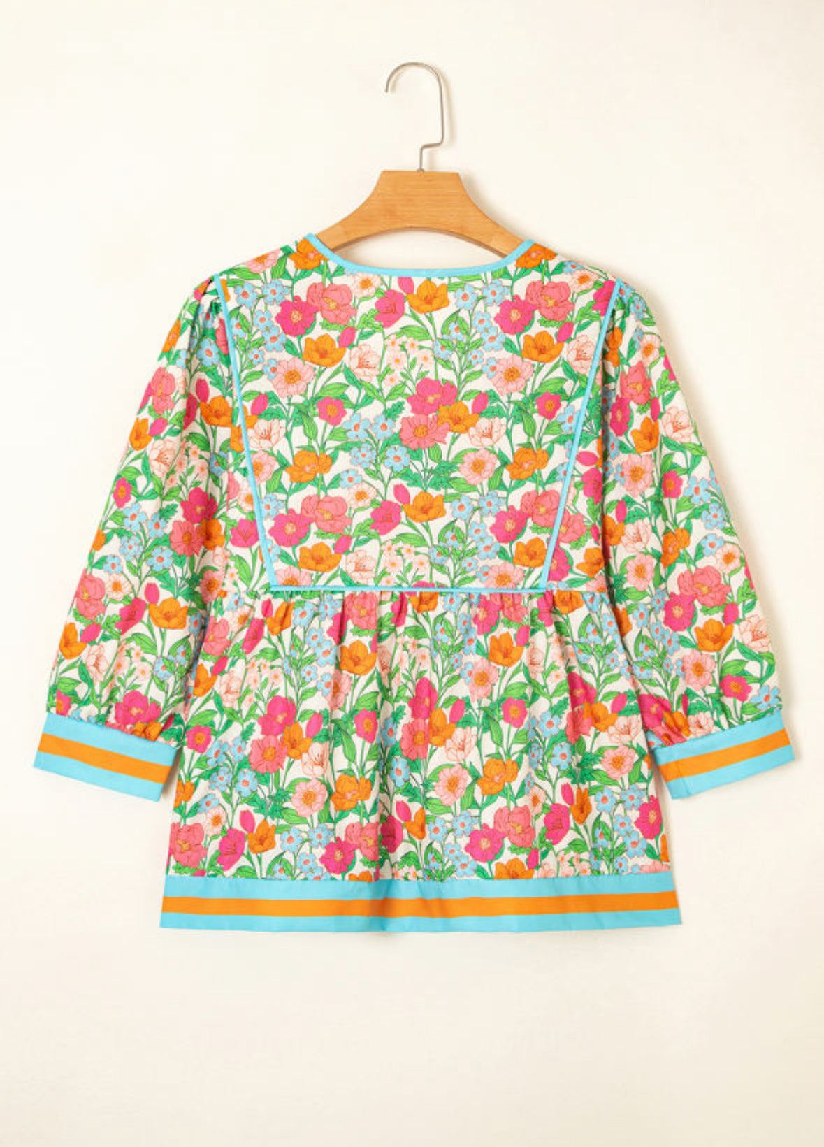 Green Floral Print Striped Trim Puff Sleeve Babydoll Blouse