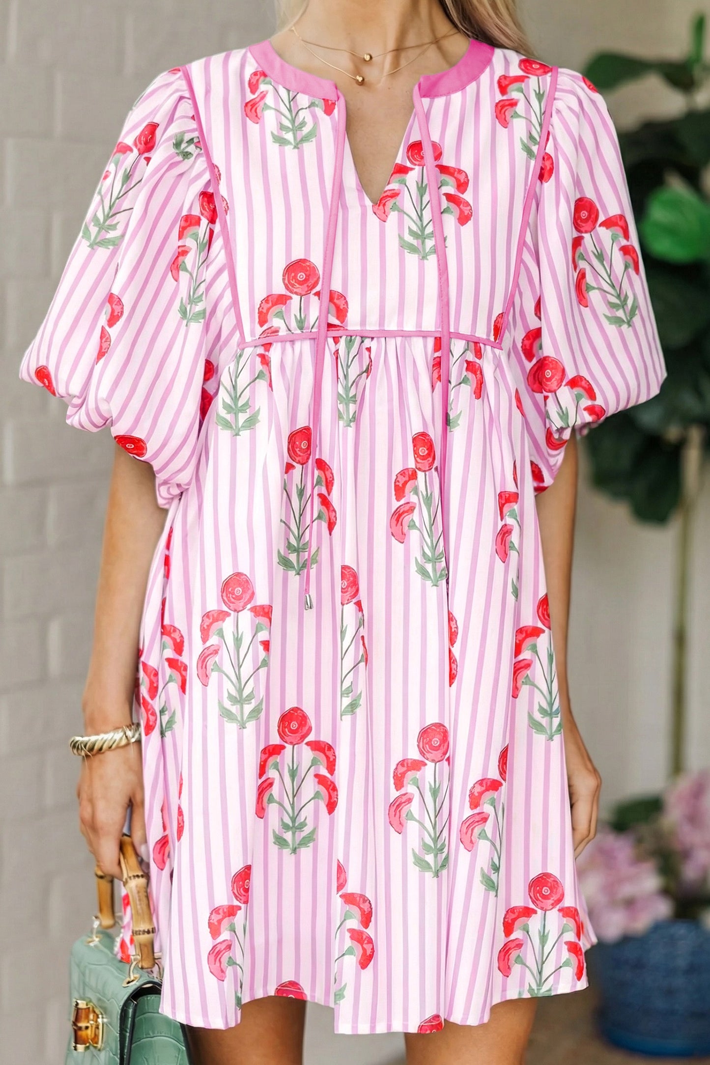 Pink Floral Striped Print Tie Notched Neck G Puff Sleeve Flared Dress