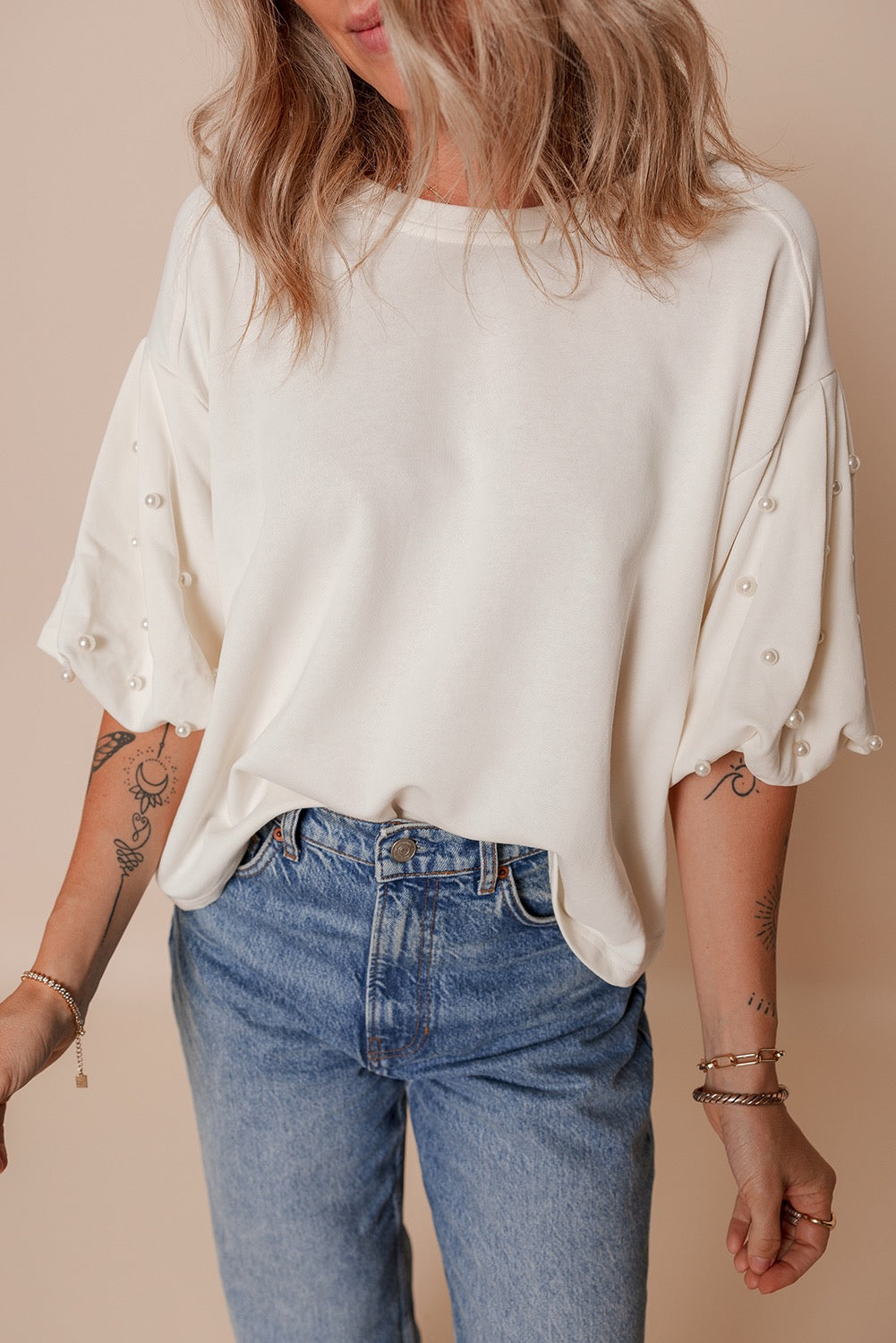 Half Sleeve Pearl Detail Blouse