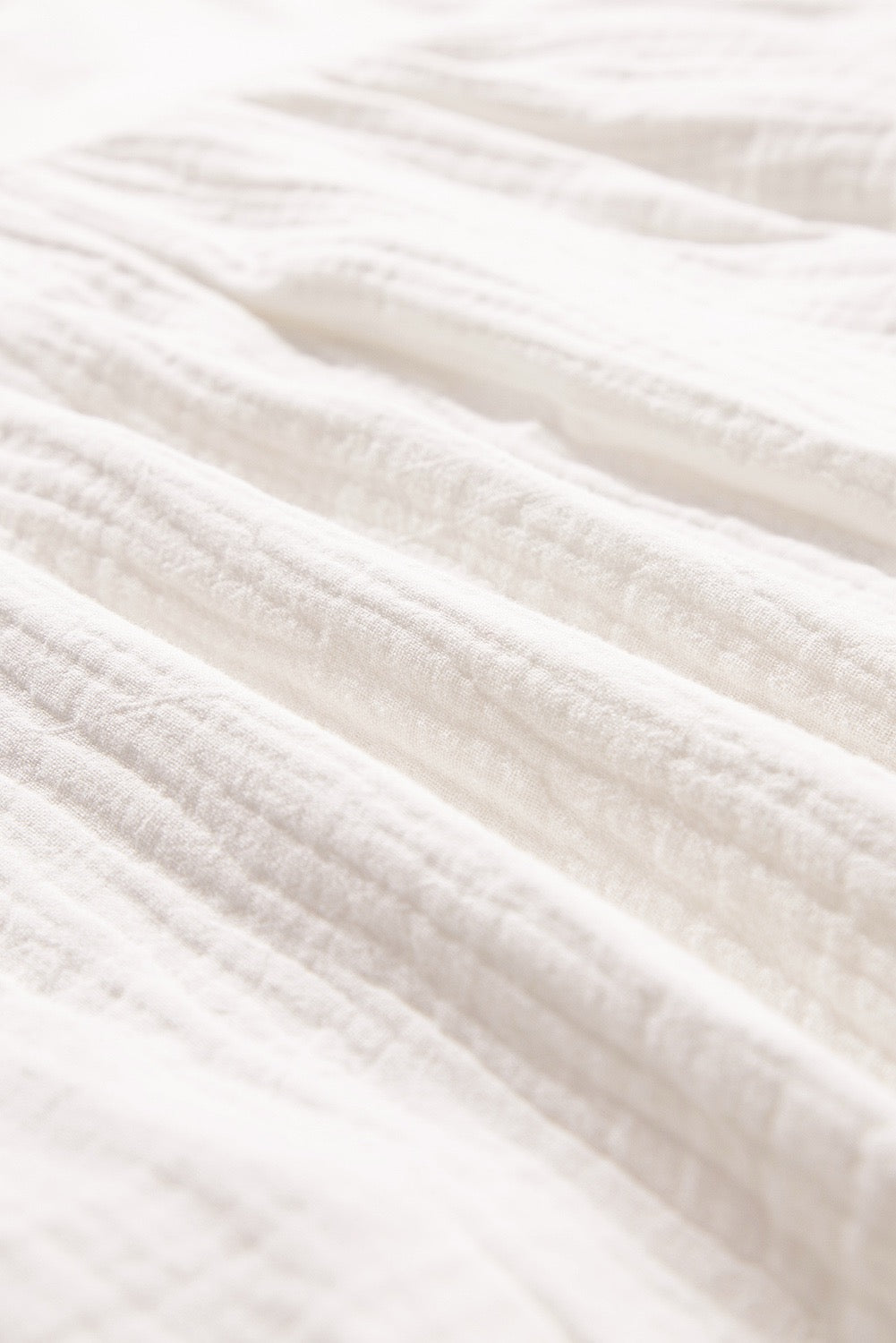 White Textured Short Sleeve Buttons Frayed Blouse, 100% Cotton