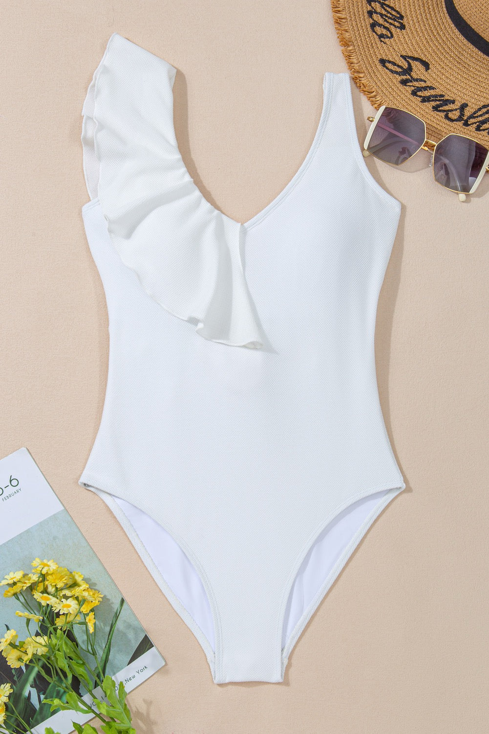 White Asymmetrical Ruffle Trim One Piece