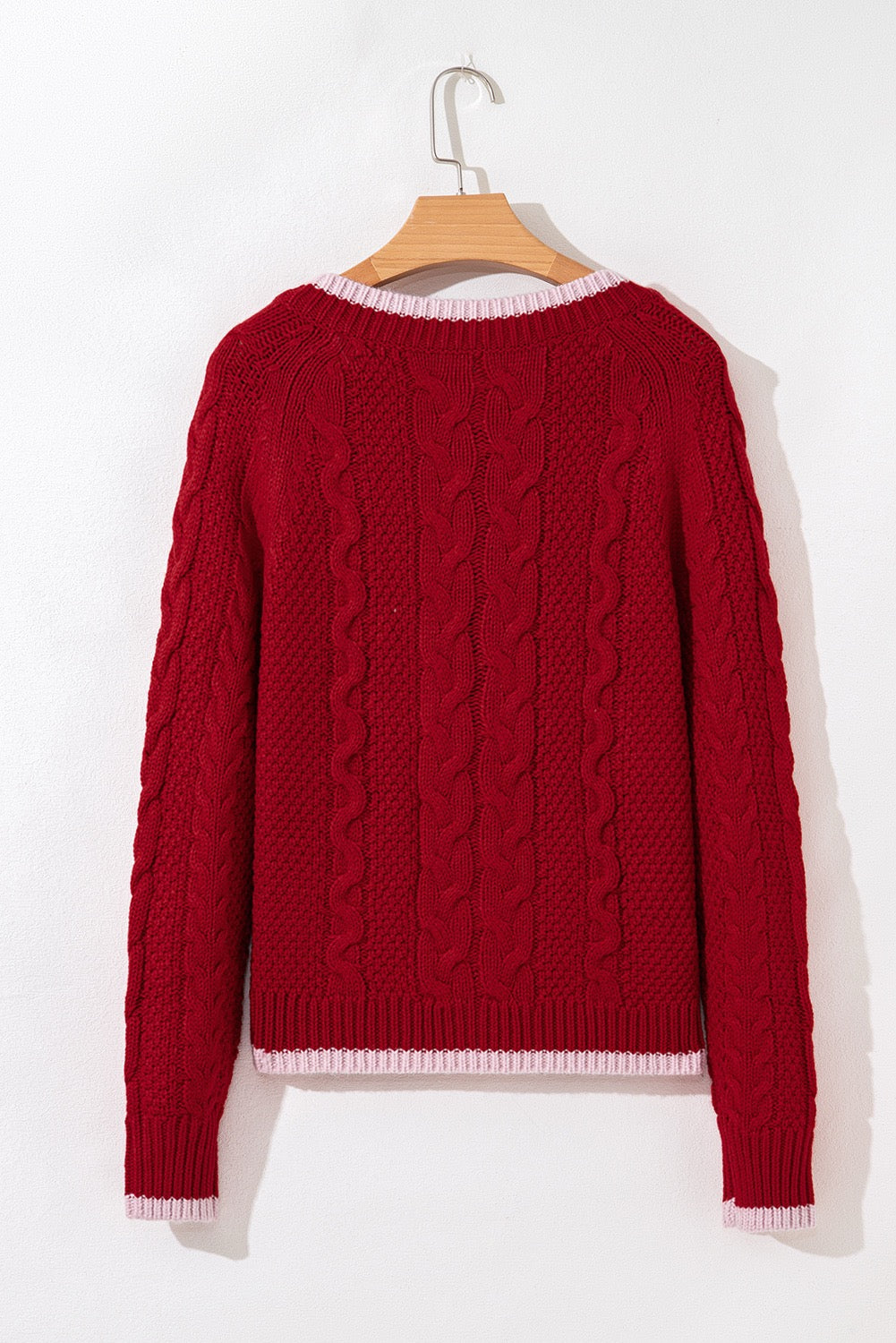 Red Color Contrast Edge Cable Knit Buttoned Cardigan