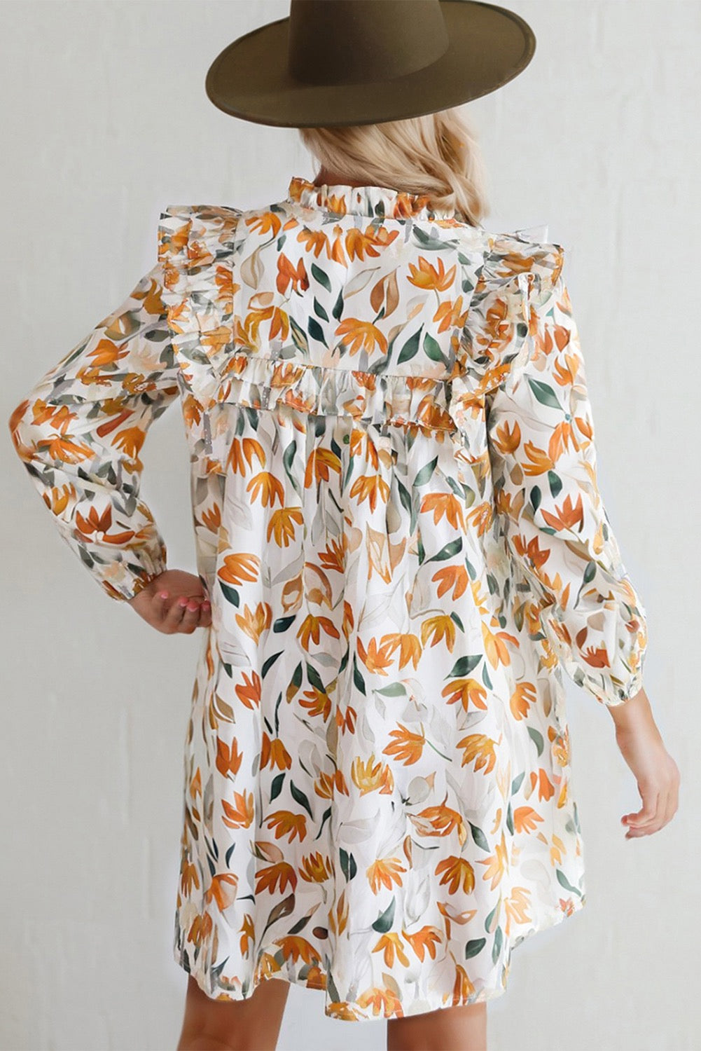 Yellow Floral Print Tie Neck Frilled Detail Long Sleeve Dress