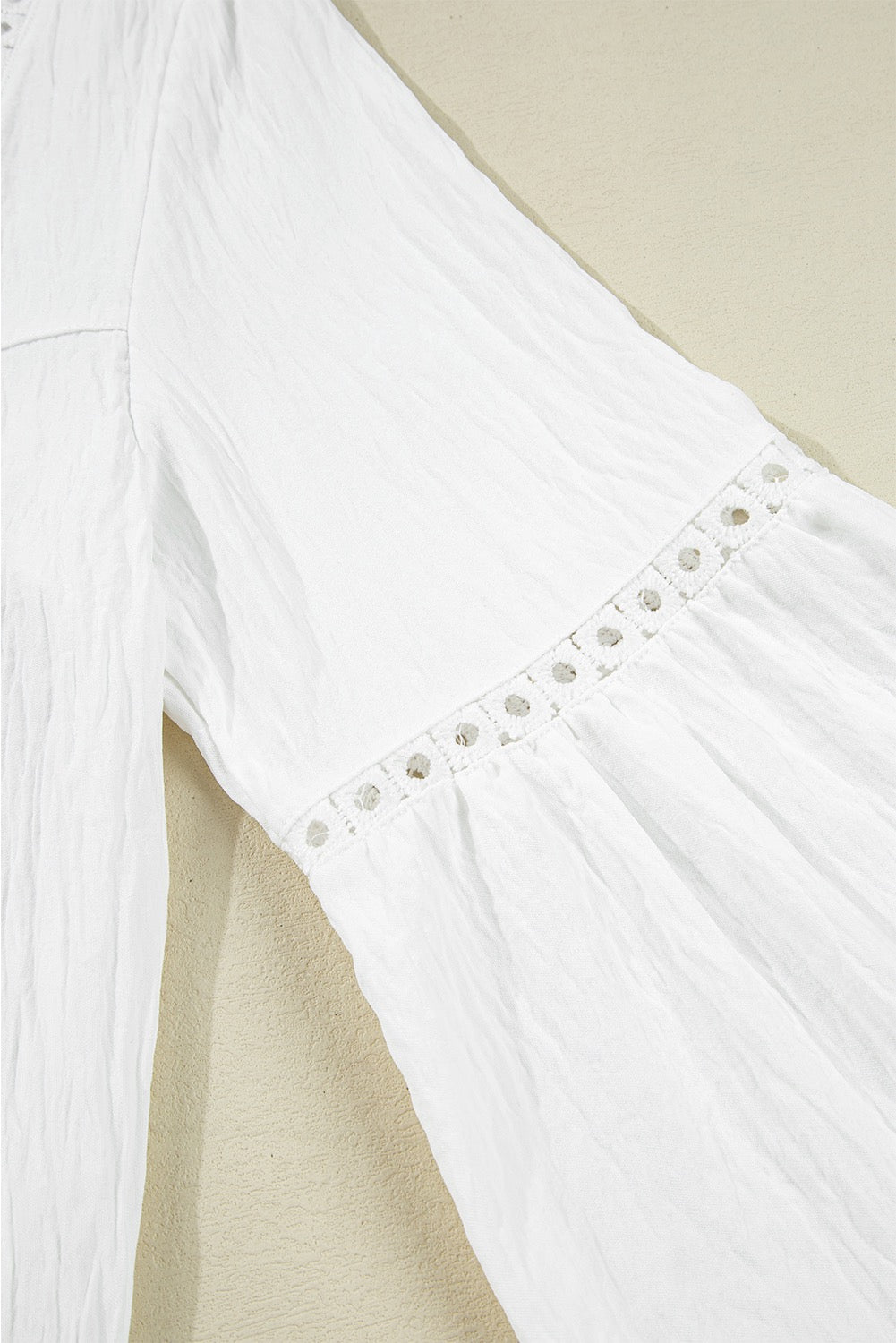 White Drawstring Lace Detail Puff Sleeve Split Neck Fall Blouse