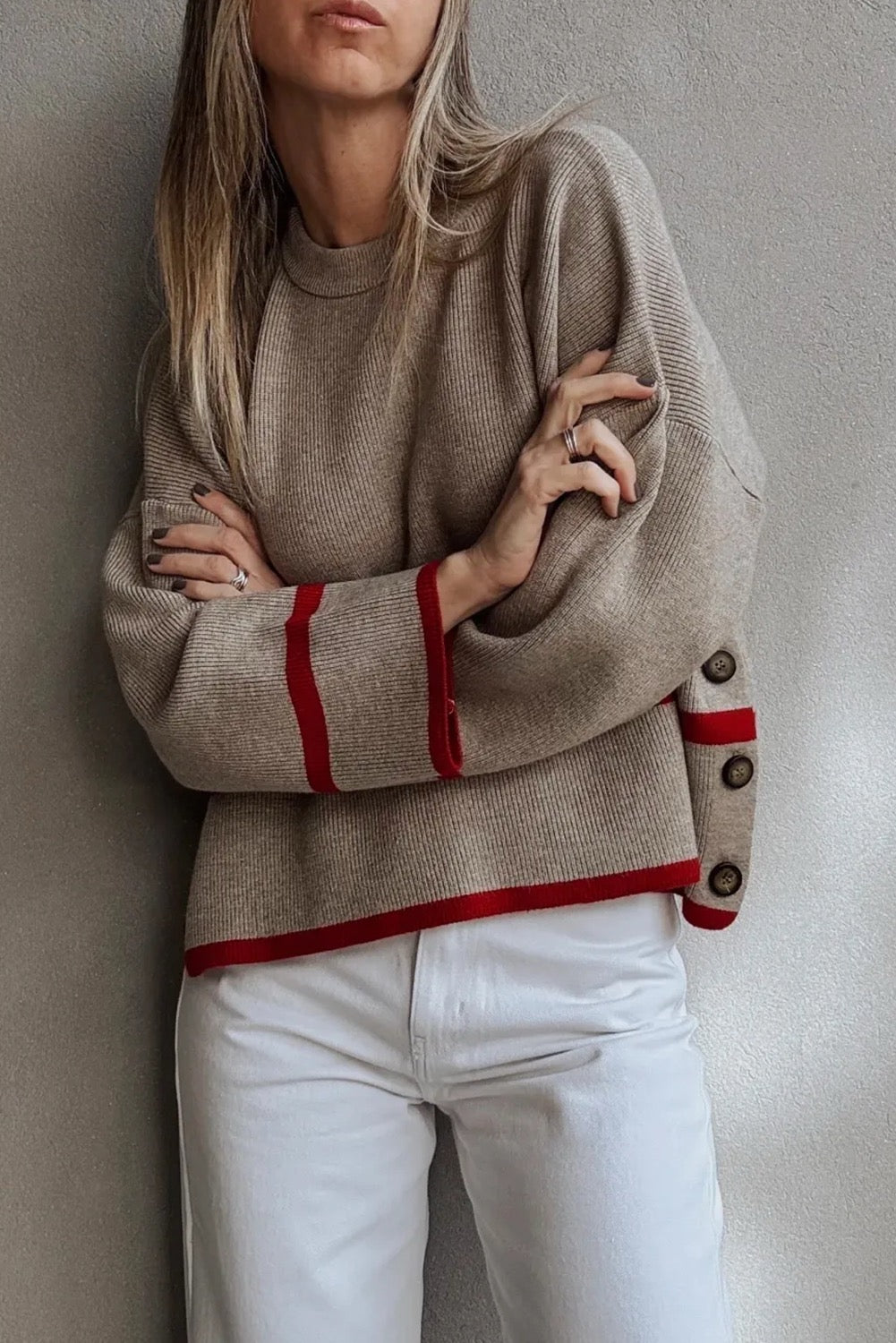 Taupe Ribbed Knit Contrasted Stripe Detail Button Side Loose Sweater