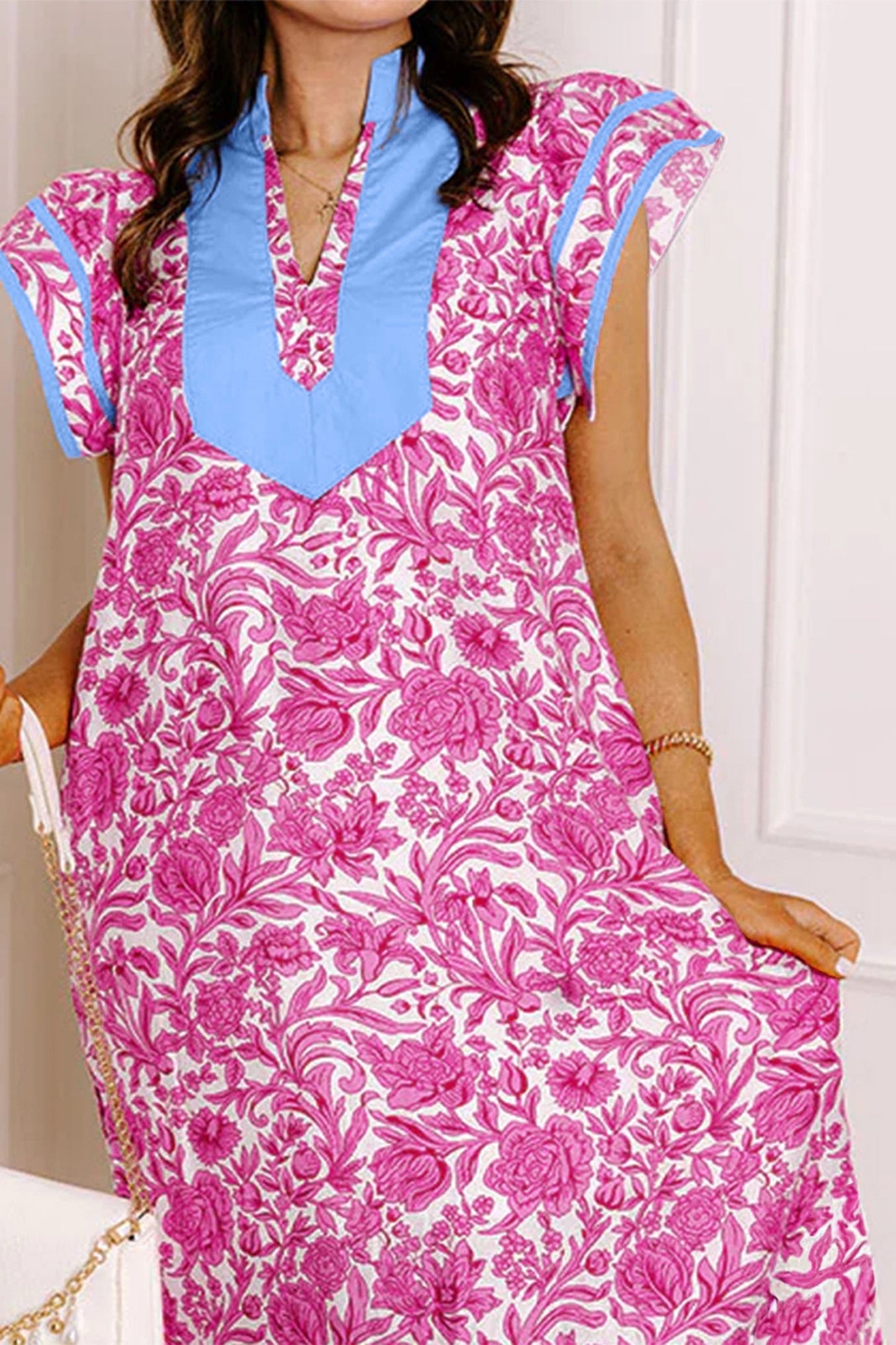 Pink Floral Print Color Block Patchwork V Neck Short Sleeve MIDI
