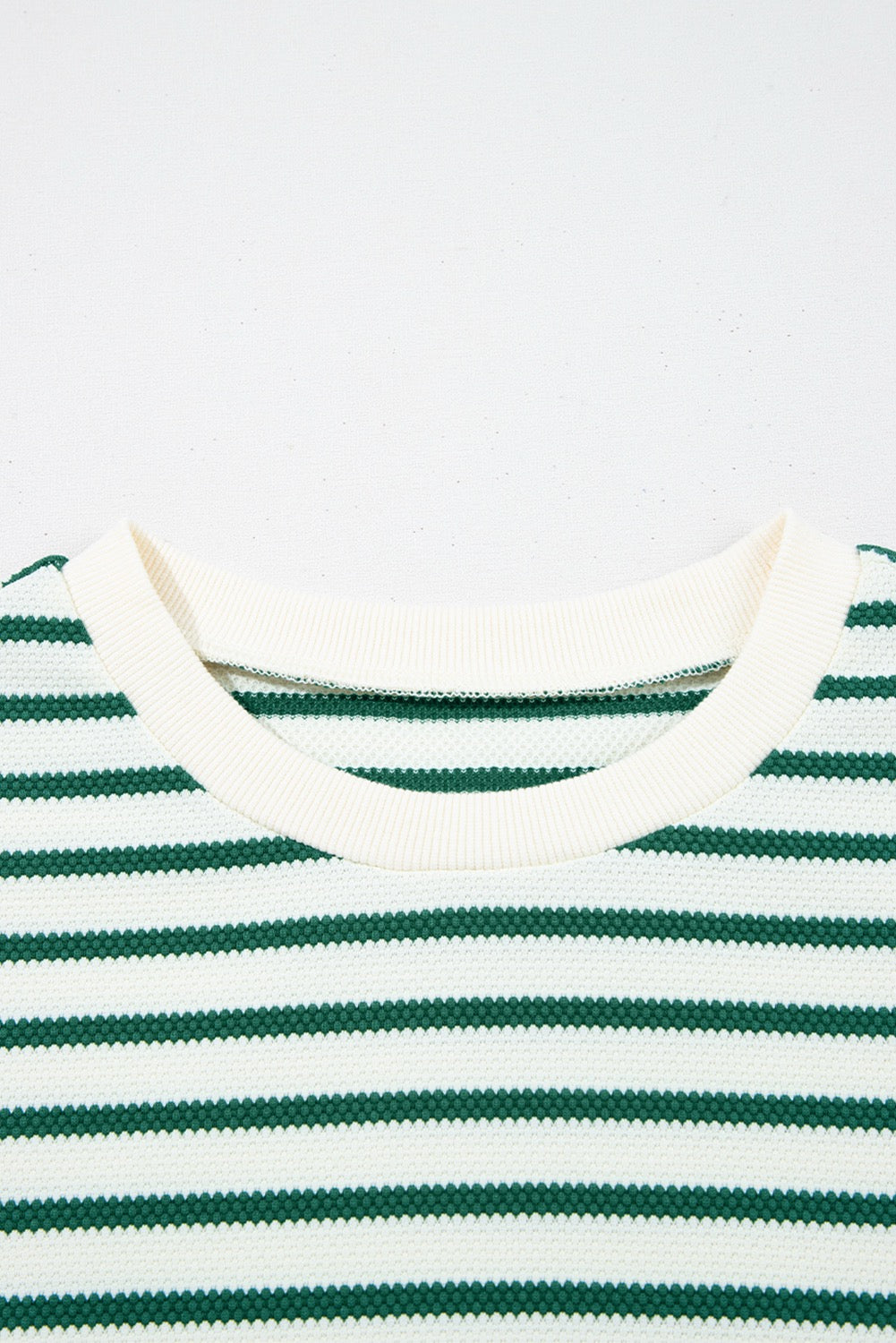 Green Stripe Scallop Lace Trim Ruffle Crewneck Top