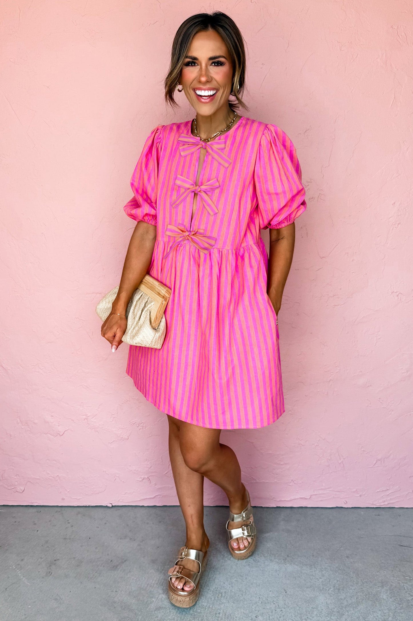 Rose Striped Print Bow Detail Short Puff Sleeve Dress