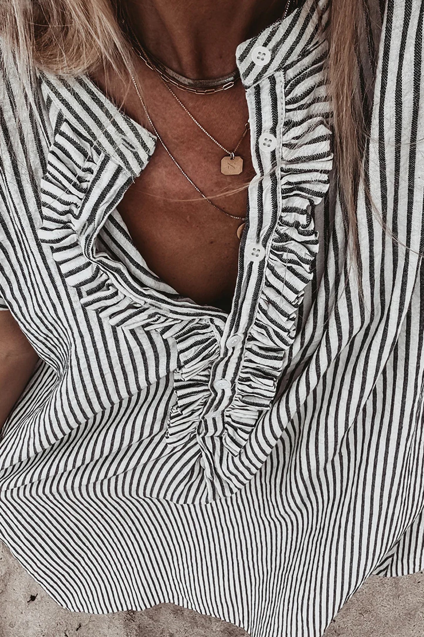 Black Stripe Frilled Detail Half Buttons Short Sleeve Long Dress
