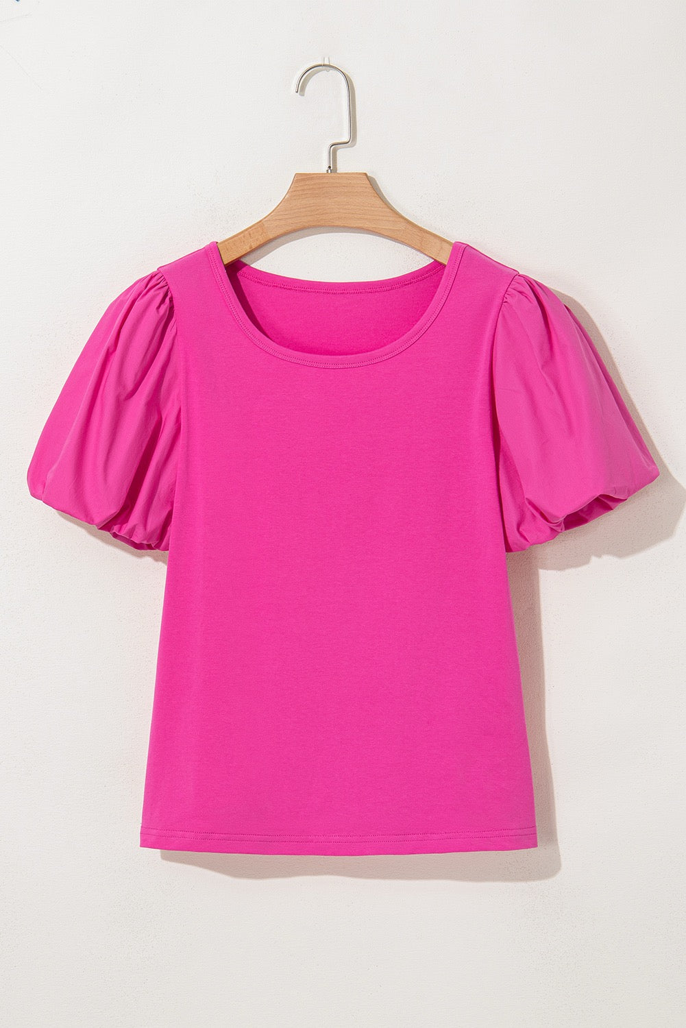 Strawberry Pink Casual Round Neck Bubble Sleeve Tee