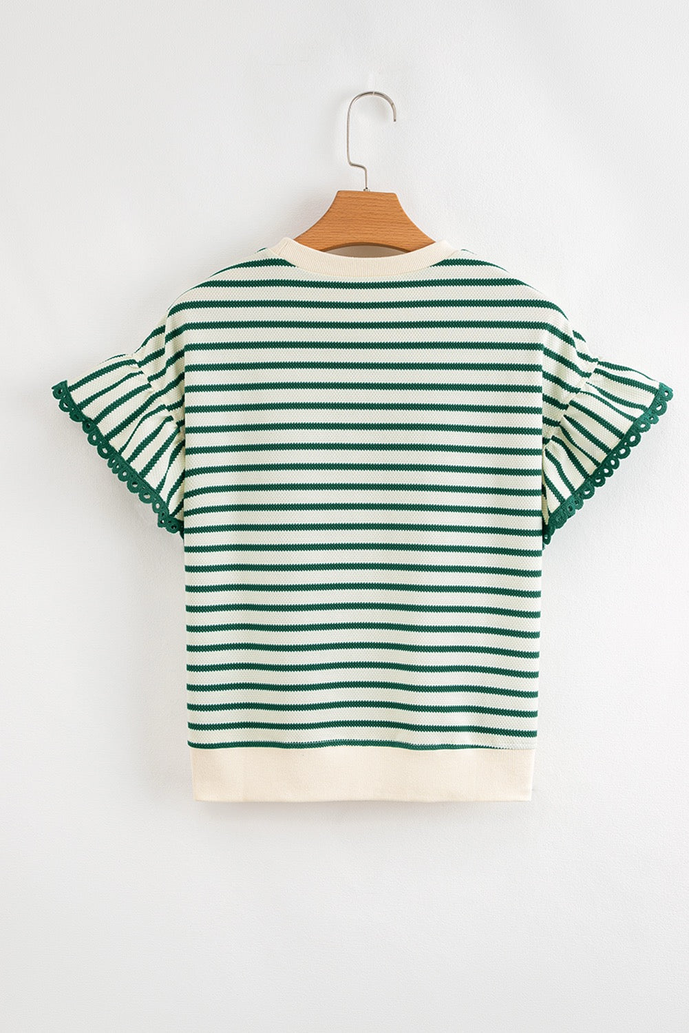Green Stripe Scallop Lace Trim Ruffle Crewneck Top