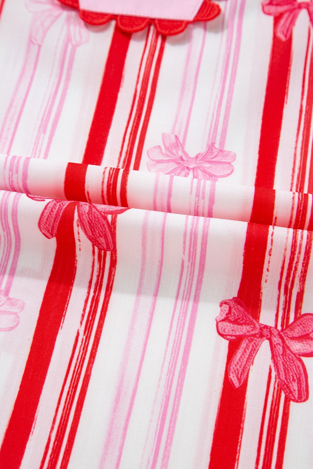 Pink Ric-rac Trim Ruffled Sleeve V Neck Bow Striped Printed Blouse