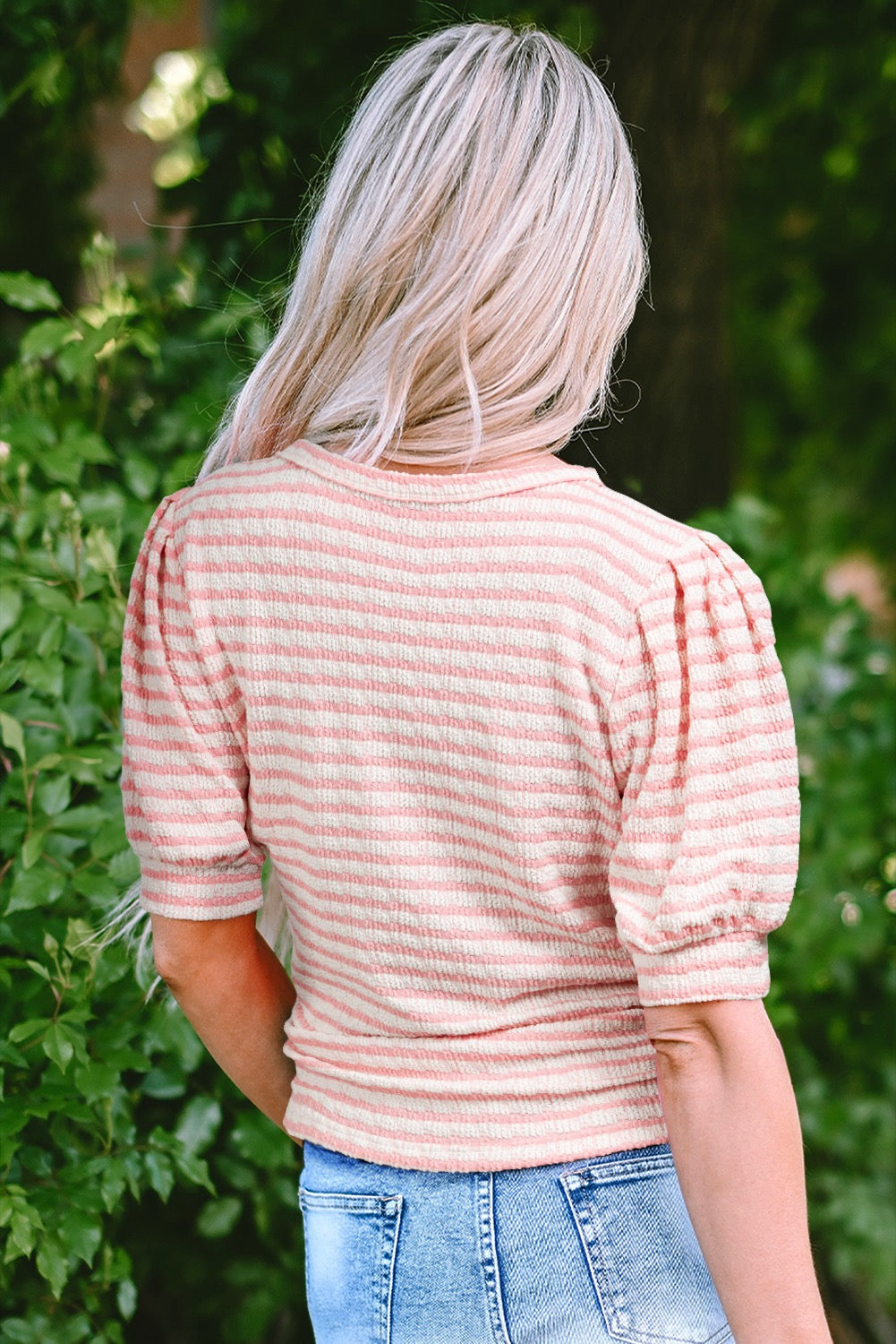 Pink Stripe Textured Puff Sleeve Crewneck Tee