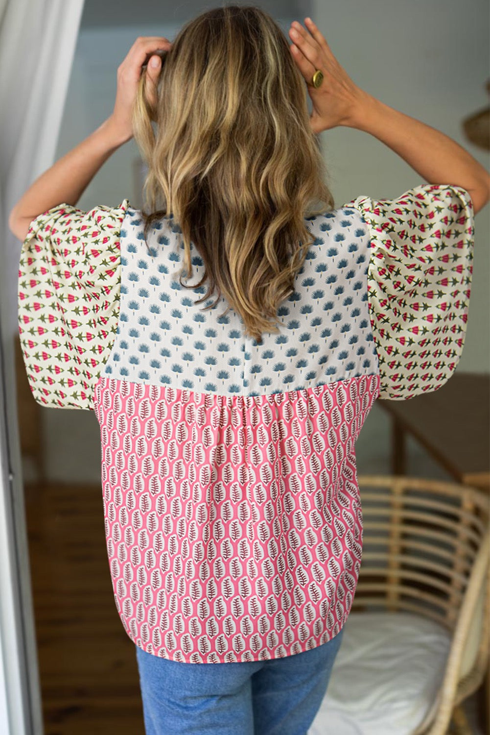 Red Floral Colorblock Flutter Cape Style Sleeve Blouse