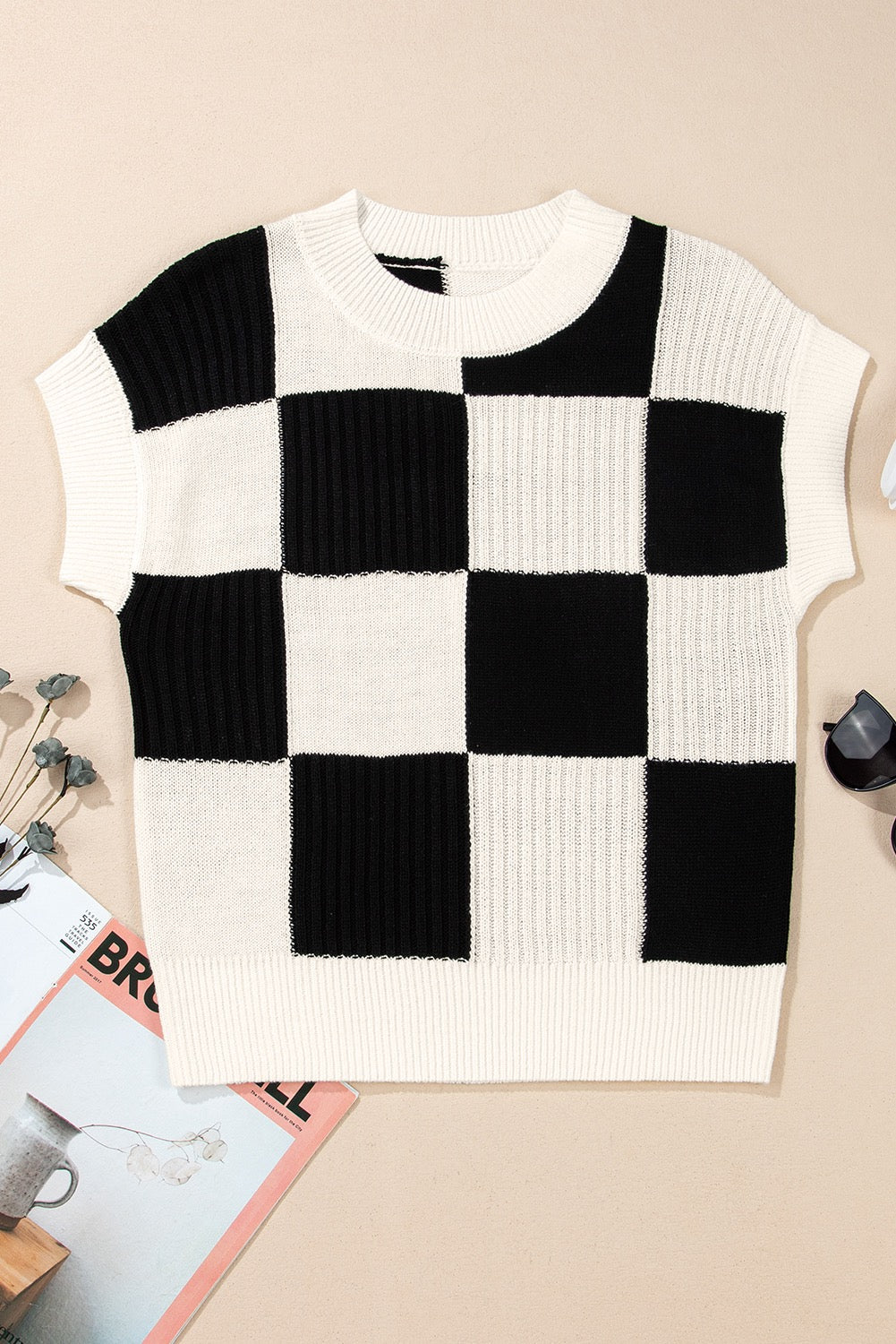 Black Checkered Short Sleeve Sweater