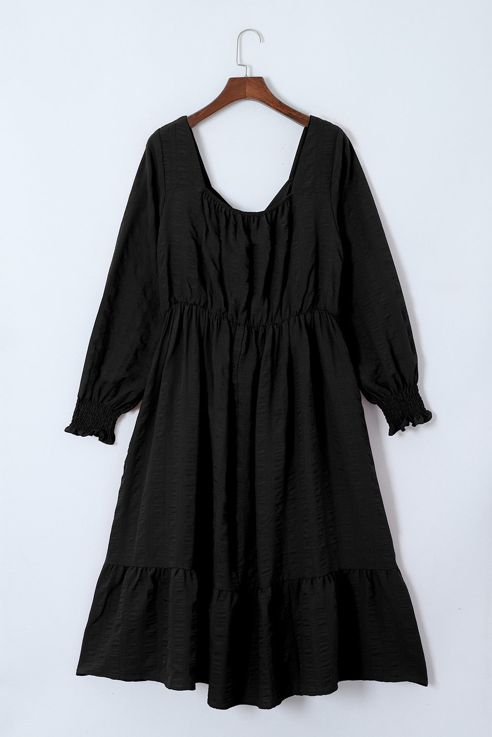 Black Lace-up Ruched Front Long Sleeve Ruffle Hem Plus Size Midi Dress