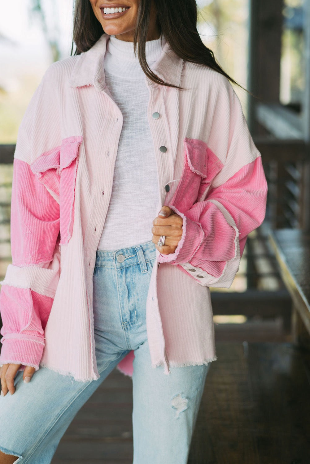 Two Tone Exposed Seam Corduroy Shacket