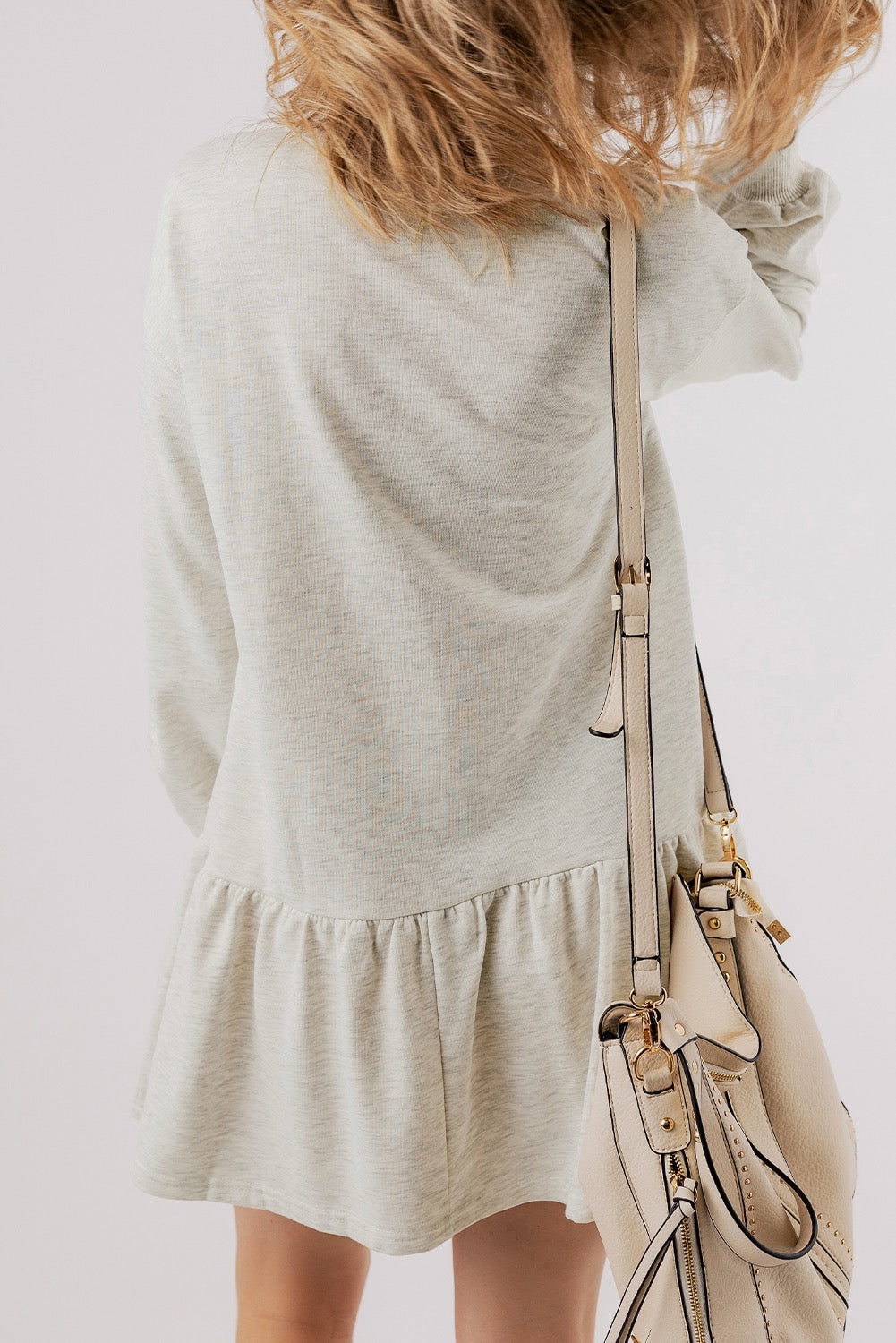White Solid Color Puff Sleeve Ruffle Hem Dress