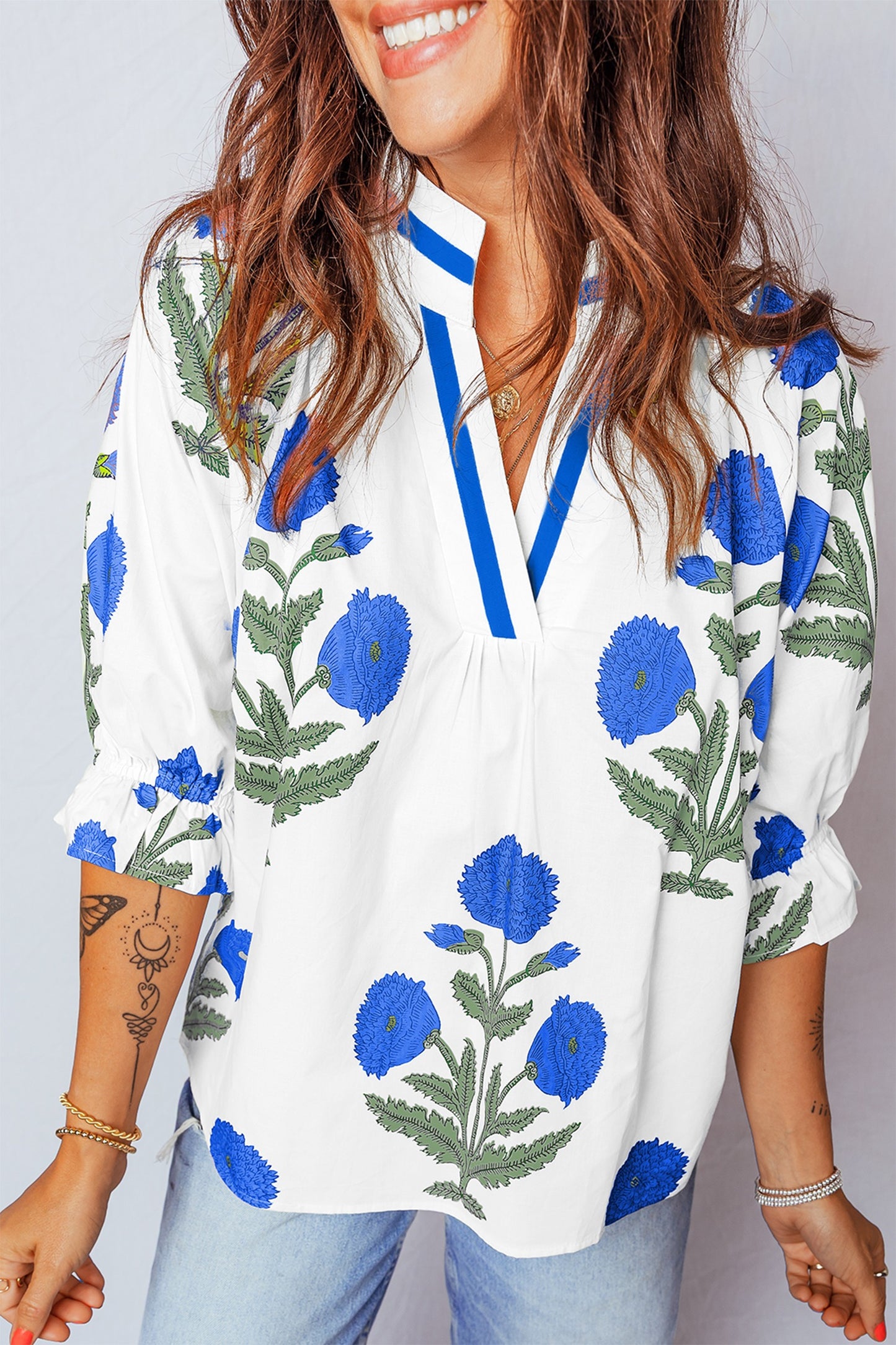 Blue Casual Wild Flower Print V Neck Blouse
