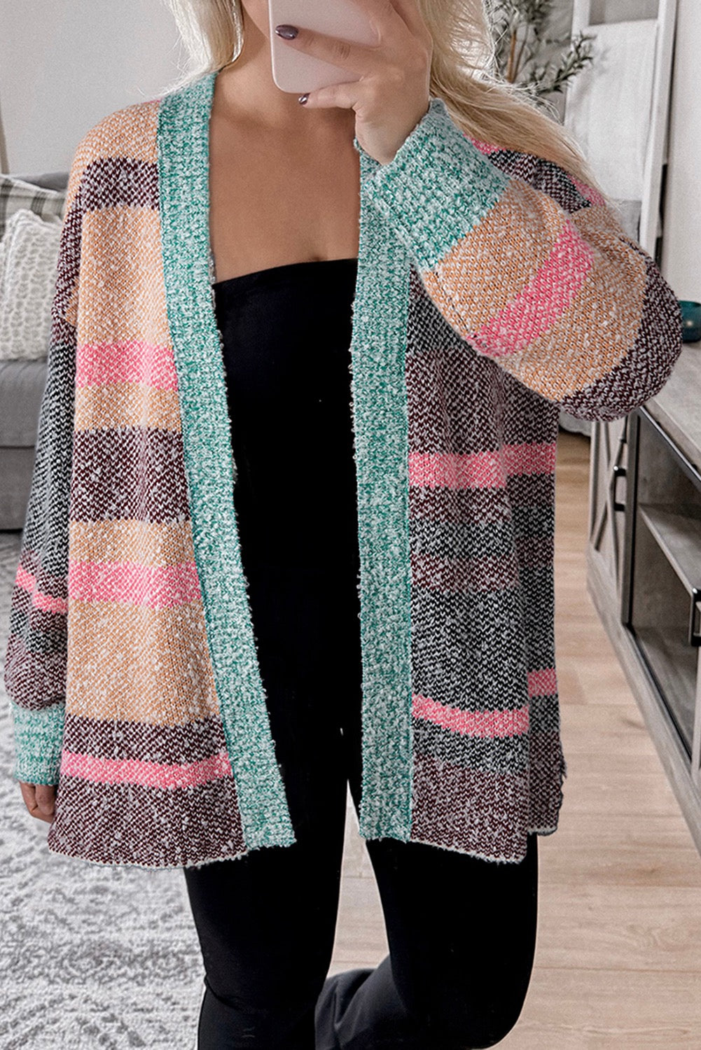 Multicolour Color Block Striped Side Slit Open Front Cardigan