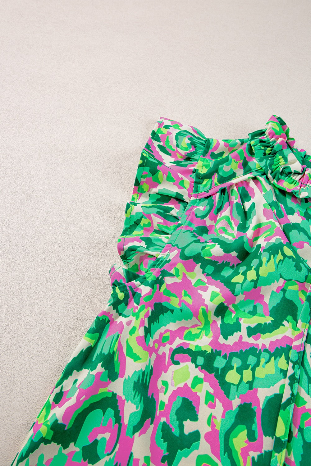 Green Abstract Print Ruffled Trim Tied Split Neck Blouse