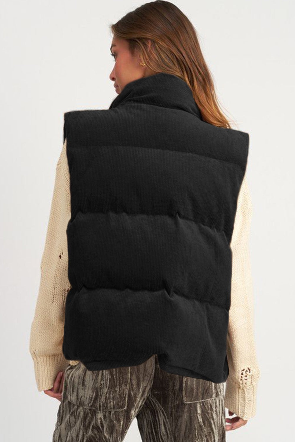 Black Corduroy Zippered Puffer Vest