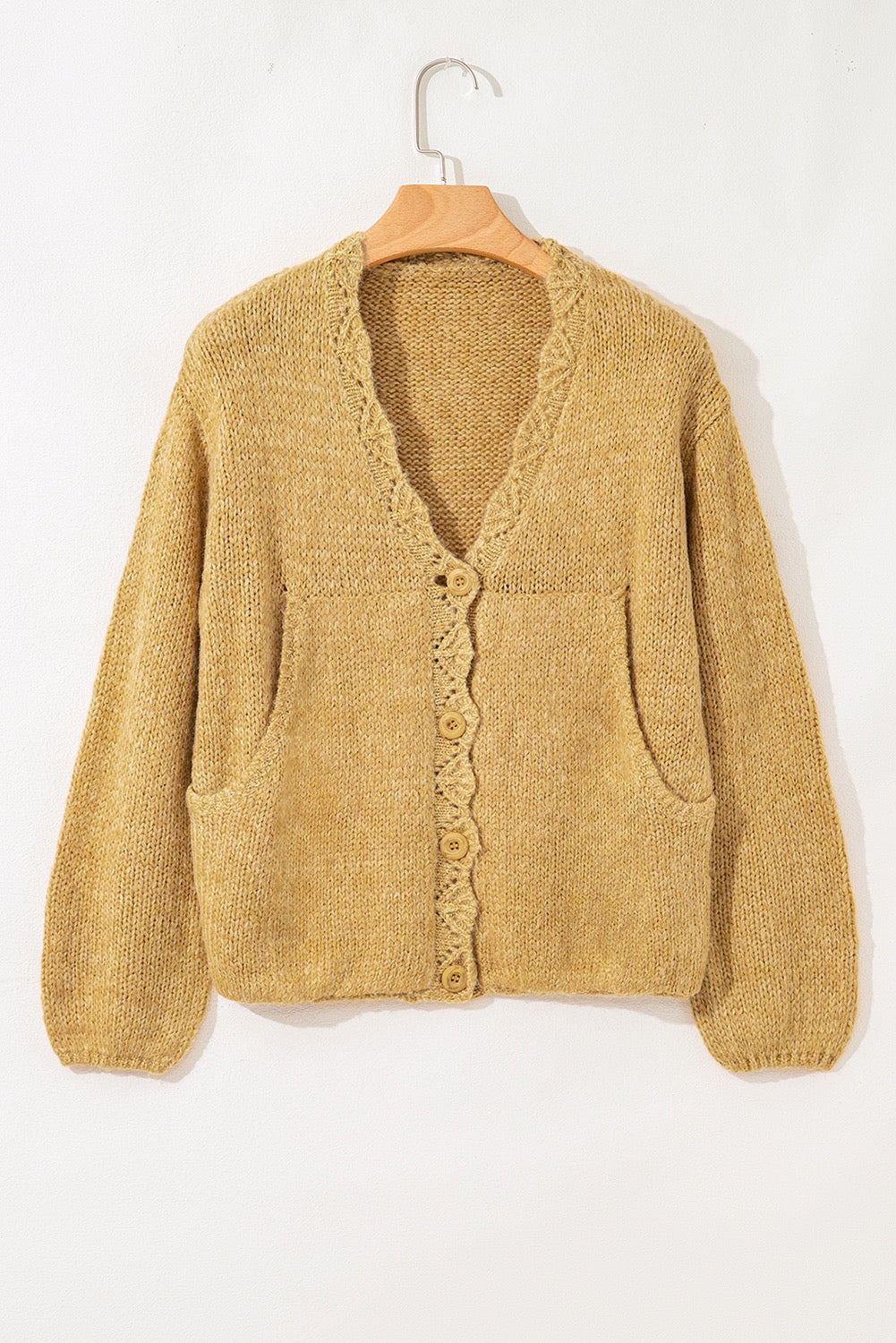 Light French Beige Lantern Sleeve Scallop V Neck Button Front Cardigan